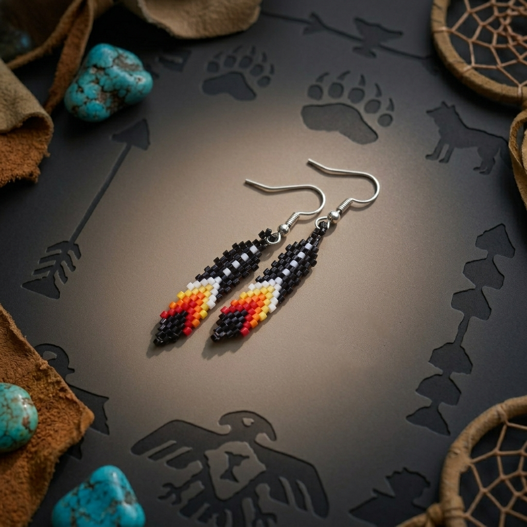 Native American Black Beaded Eagle Feather Earrings – Handmade Seed Bead Jewelry