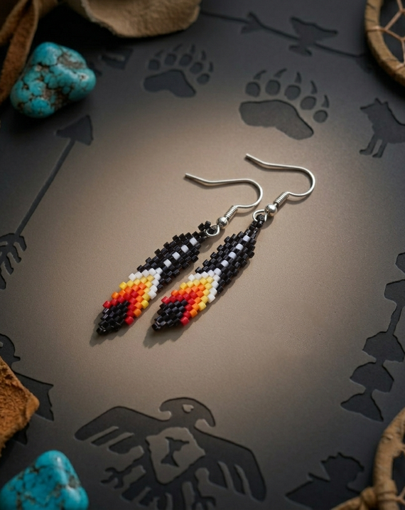 Native American Black Beaded Eagle Feather Earrings – Handmade Seed Bead Jewelry
