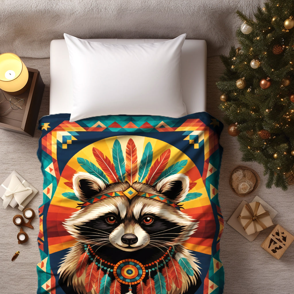 Colorful Feathered Raccoon Native American Cozy Fleece Blanket