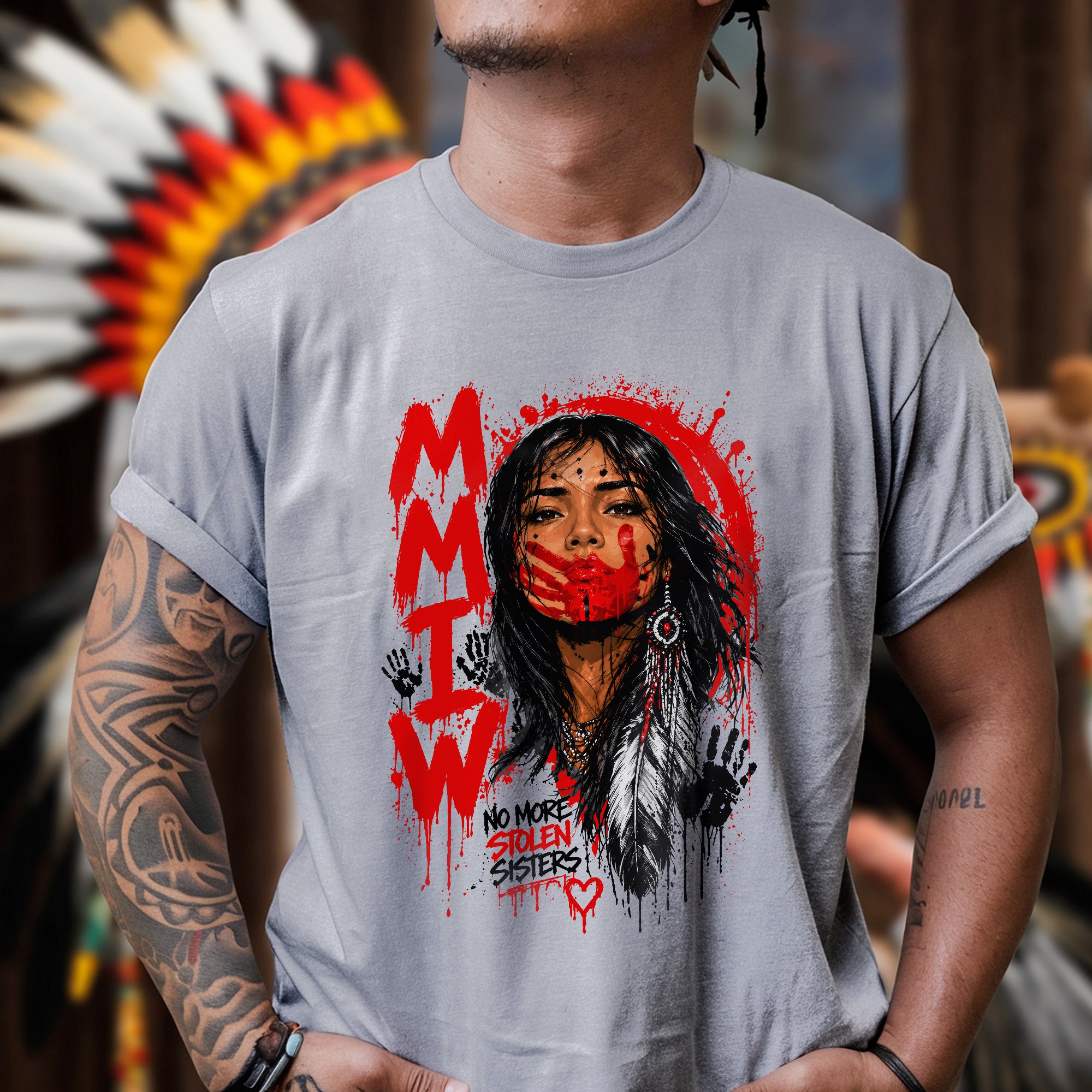 Voice of the Silent - MMIW Native Woman Portrait with Red Handprint Unisex T-shirt/T-shirt V-Neck/Hoodie/Sweatshirt