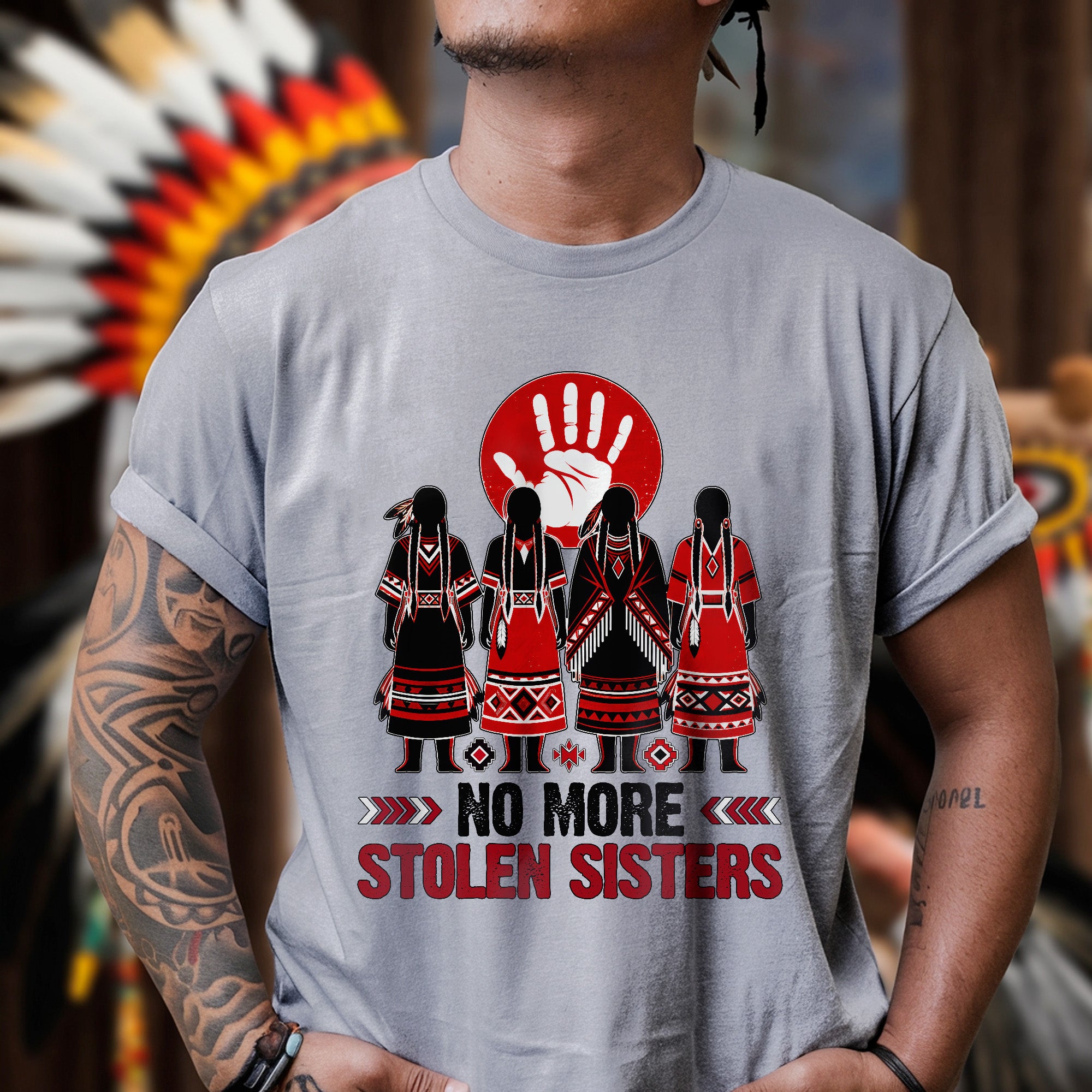 No More Stolen Sisters - Native American Red Hand & Silhouette Design Unisex T-shirt/T-shirt V-Neck/Hoodie/Sweatshirt