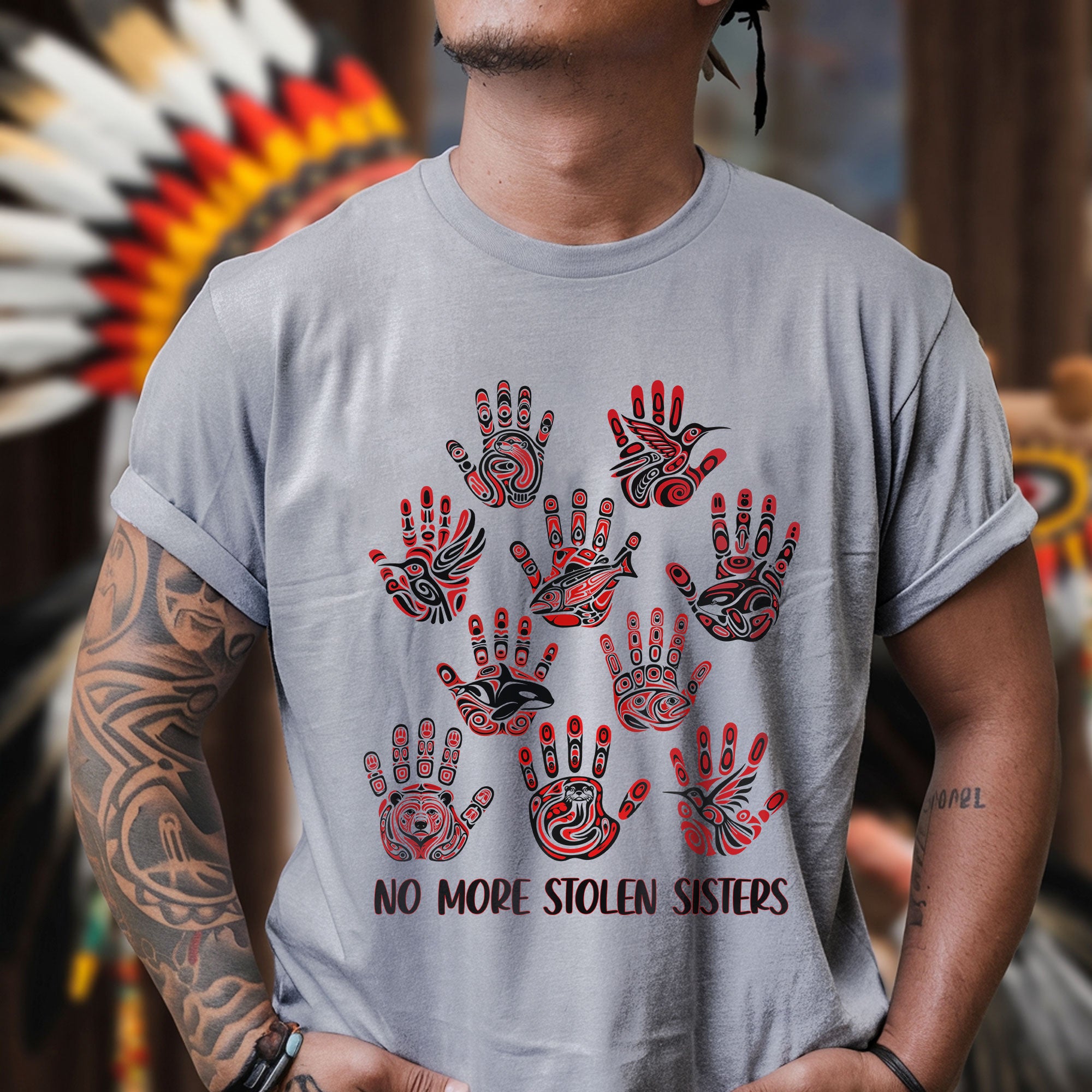 No More Stolen Sisters - MMIW Awareness with Tribal Hand and Animal Design Unisex T-shirt/T-shirt V-Neck/Hoodie/Sweatshirt