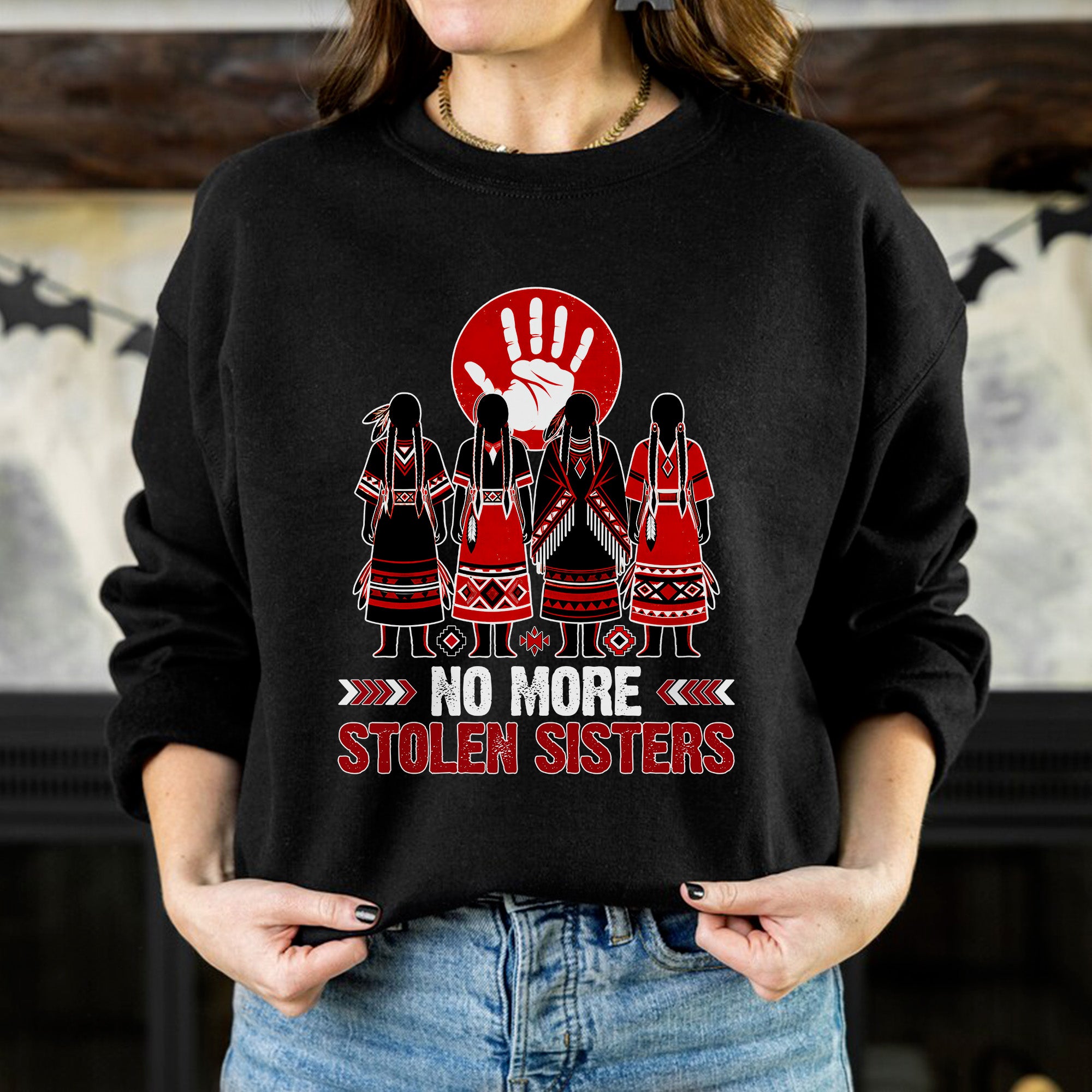 No More Stolen Sisters - Native American Red Hand & Silhouette Design Unisex T-shirt/T-shirt V-Neck/Hoodie/Sweatshirt