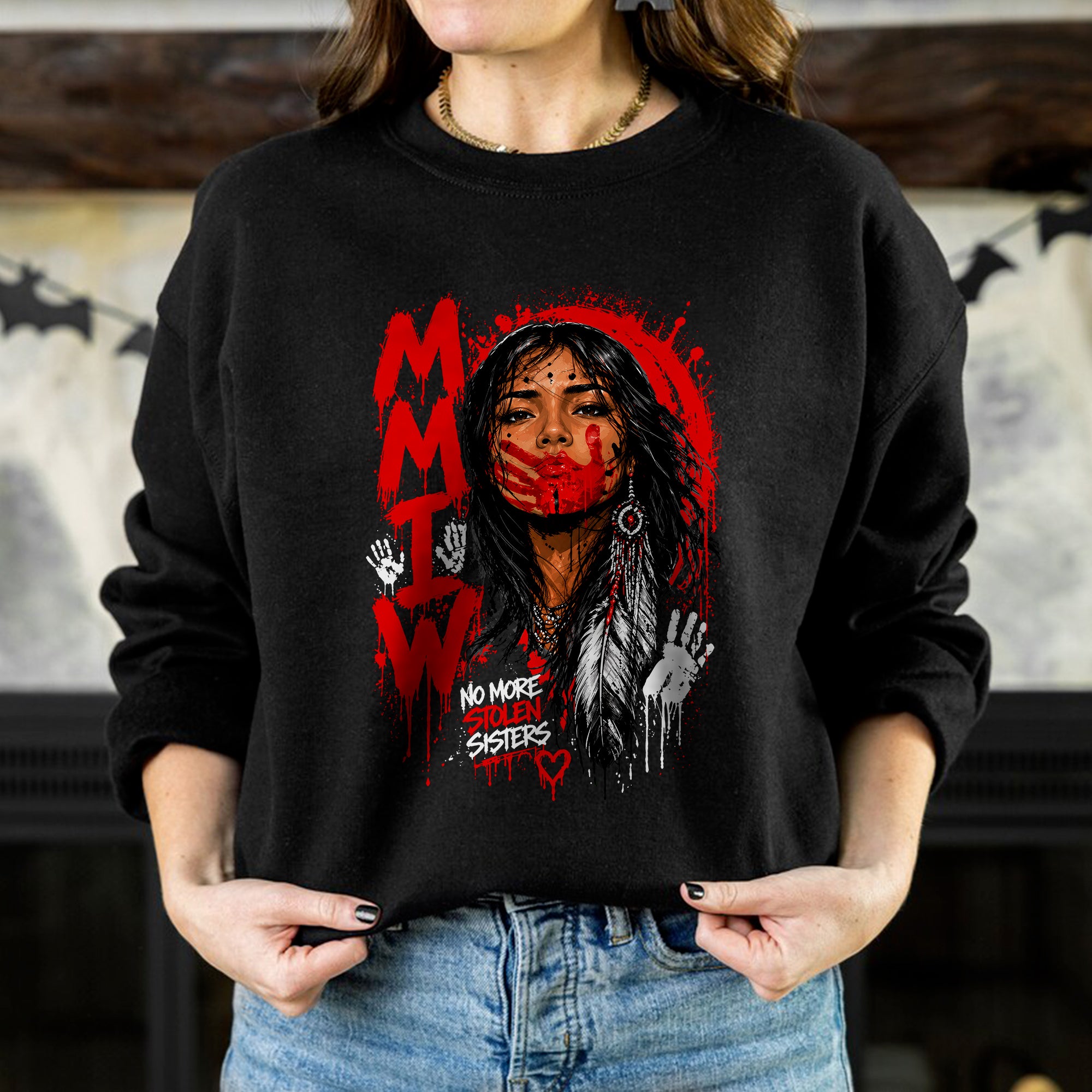 Voice of the Silent - MMIW Native Woman Portrait with Red Handprint Unisex T-shirt/T-shirt V-Neck/Hoodie/Sweatshirt