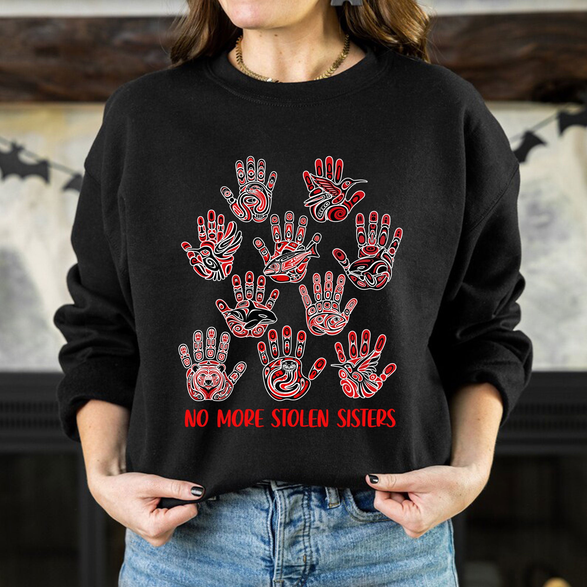 No More Stolen Sisters - MMIW Awareness with Tribal Hand and Animal Design Unisex T-shirt/T-shirt V-Neck/Hoodie/Sweatshirt