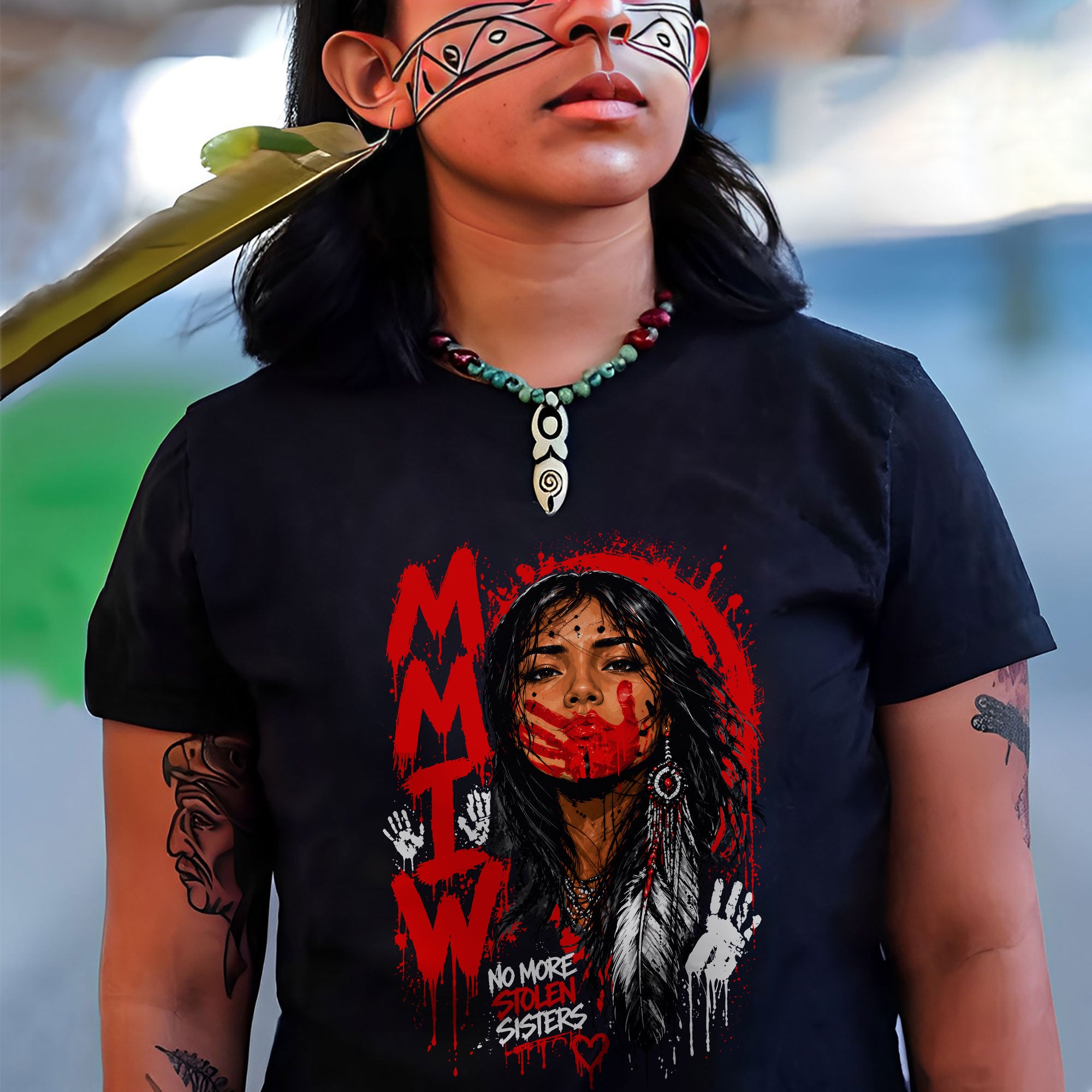 Voice of the Silent - MMIW Native Woman Portrait with Red Handprint Unisex T-shirt/T-shirt V-Neck/Hoodie/Sweatshirt