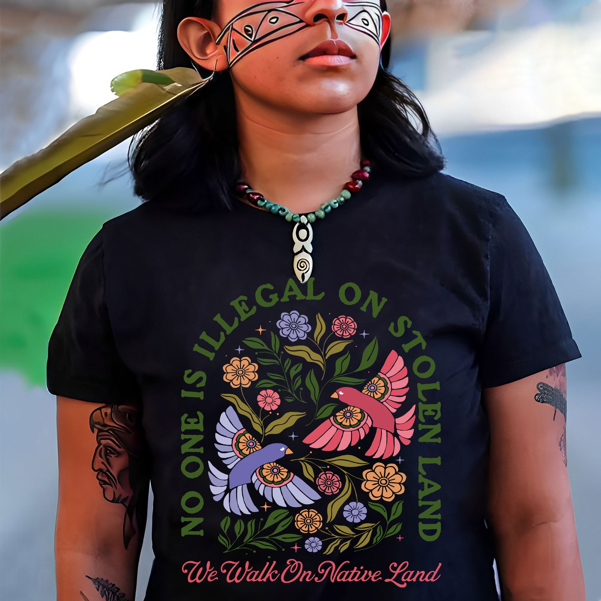 No One Is Illegal on Stolen Land We Walk on Native Land Indigenous Solidarity Floral Birds Unisex T-shirt/V-neck T-shirt/Hoodie/Sweatshirt One Side