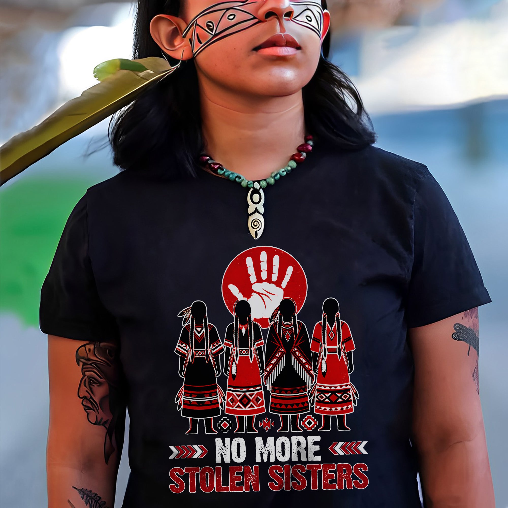 No More Stolen Sisters - Native American Red Hand & Silhouette Design Unisex T-shirt/T-shirt V-Neck/Hoodie/Sweatshirt