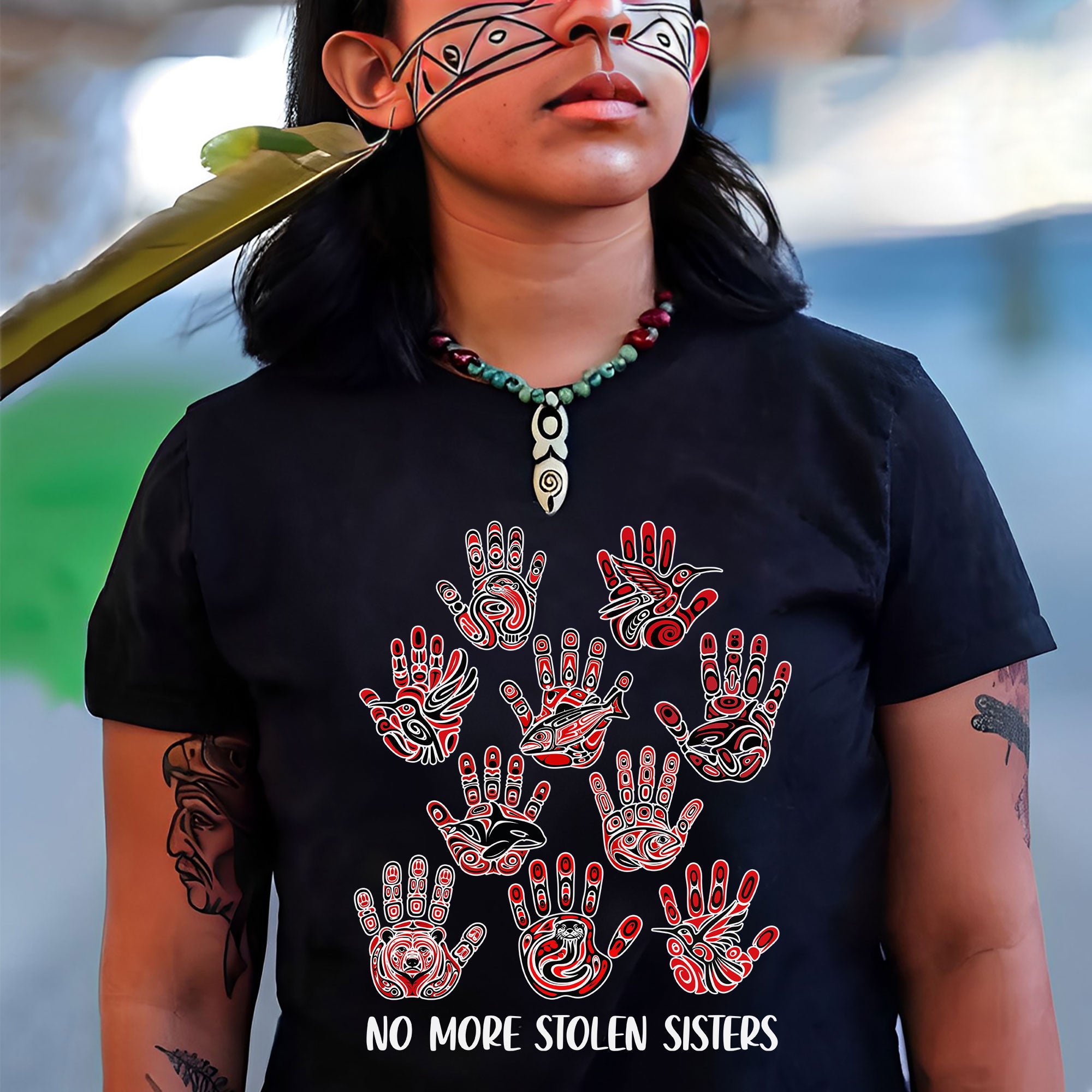 No More Stolen Sisters - MMIW Awareness with Tribal Hand and Animal Design Unisex T-shirt/T-shirt V-Neck/Hoodie/Sweatshirt