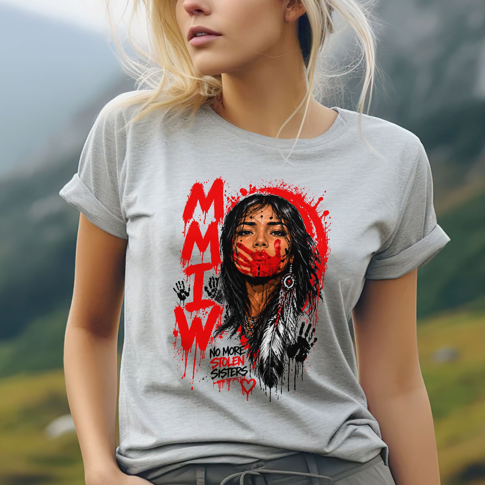 Voice of the Silent - MMIW Native Woman Portrait with Red Handprint Unisex T-shirt/T-shirt V-Neck/Hoodie/Sweatshirt