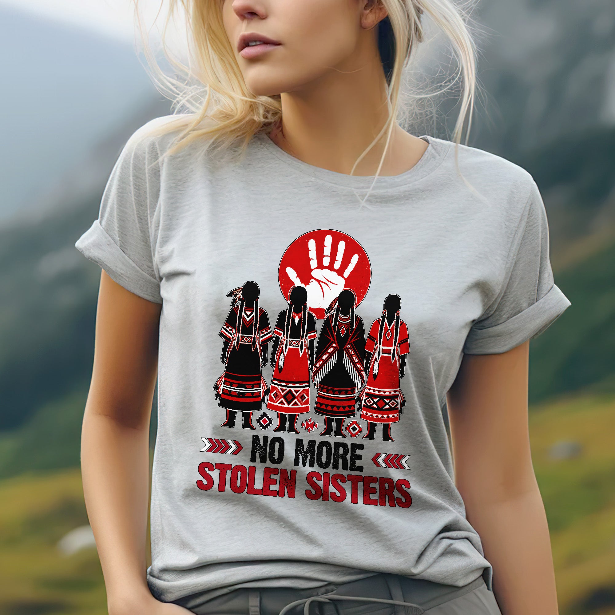 No More Stolen Sisters - Native American Red Hand & Silhouette Design Unisex T-shirt/T-shirt V-Neck/Hoodie/Sweatshirt