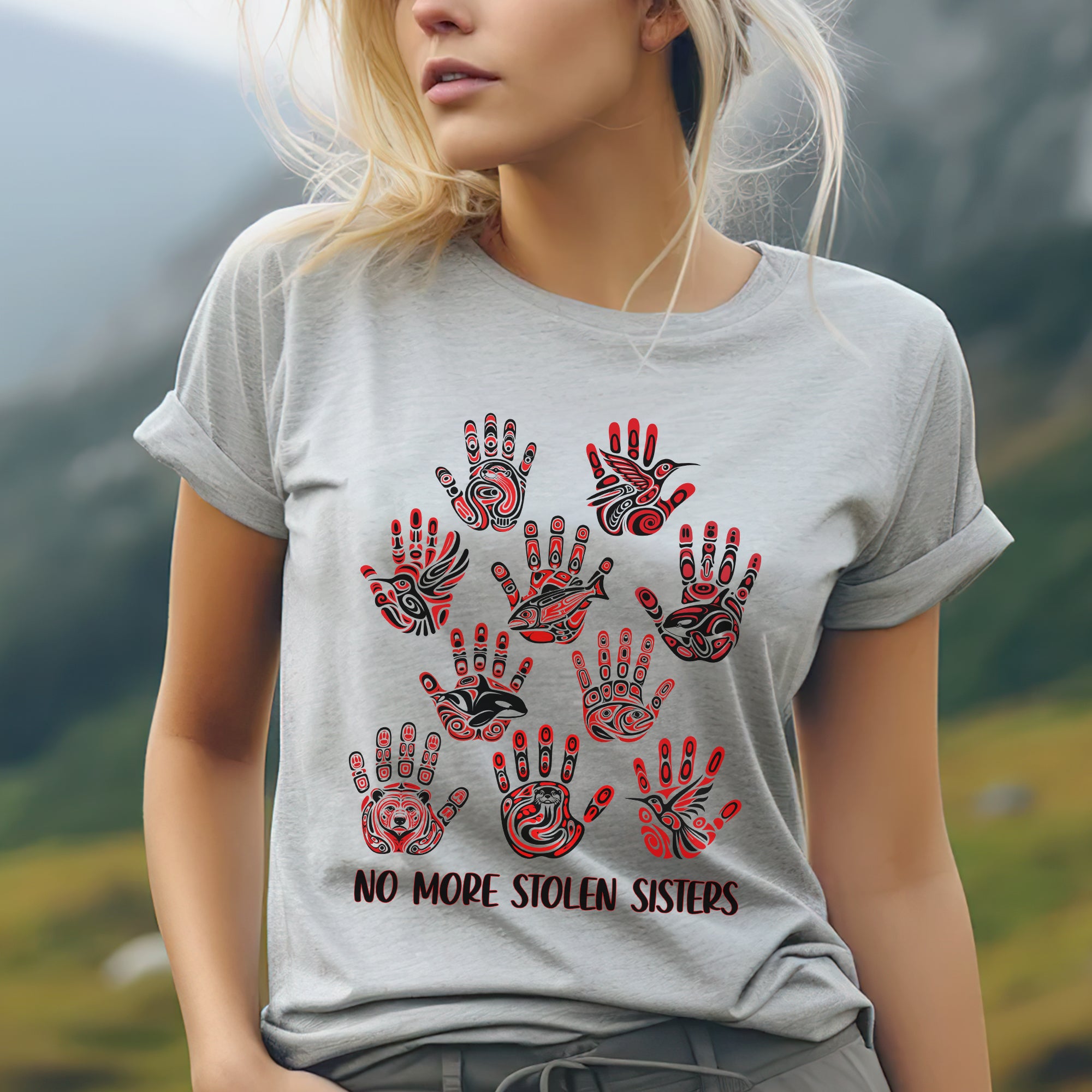No More Stolen Sisters - MMIW Awareness with Tribal Hand and Animal Design Unisex T-shirt/T-shirt V-Neck/Hoodie/Sweatshirt