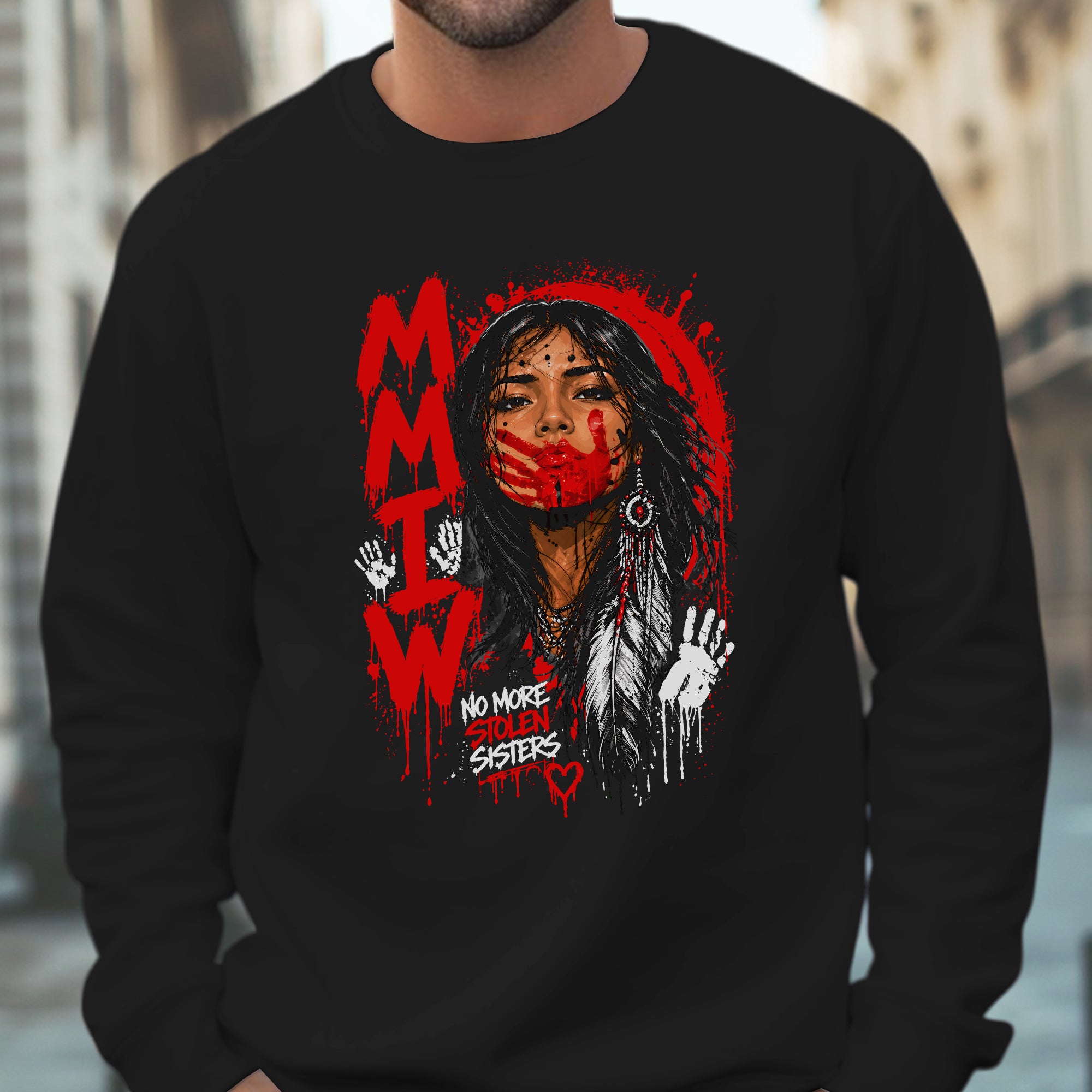Voice of the Silent - MMIW Native Woman Portrait with Red Handprint Unisex T-shirt/T-shirt V-Neck/Hoodie/Sweatshirt