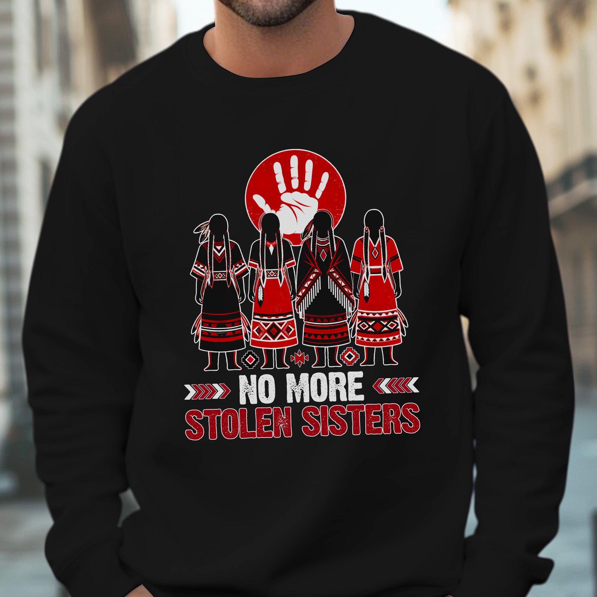 No More Stolen Sisters - Native American Red Hand & Silhouette Design Unisex T-shirt/T-shirt V-Neck/Hoodie/Sweatshirt