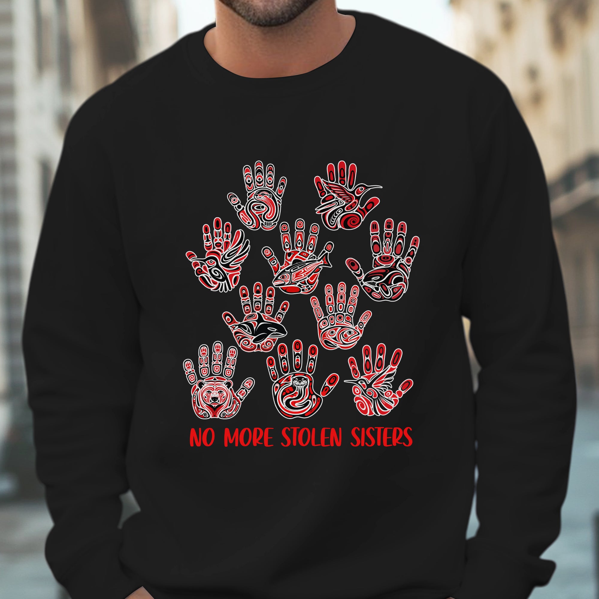 No More Stolen Sisters - MMIW Awareness with Tribal Hand and Animal Design Unisex T-shirt/T-shirt V-Neck/Hoodie/Sweatshirt