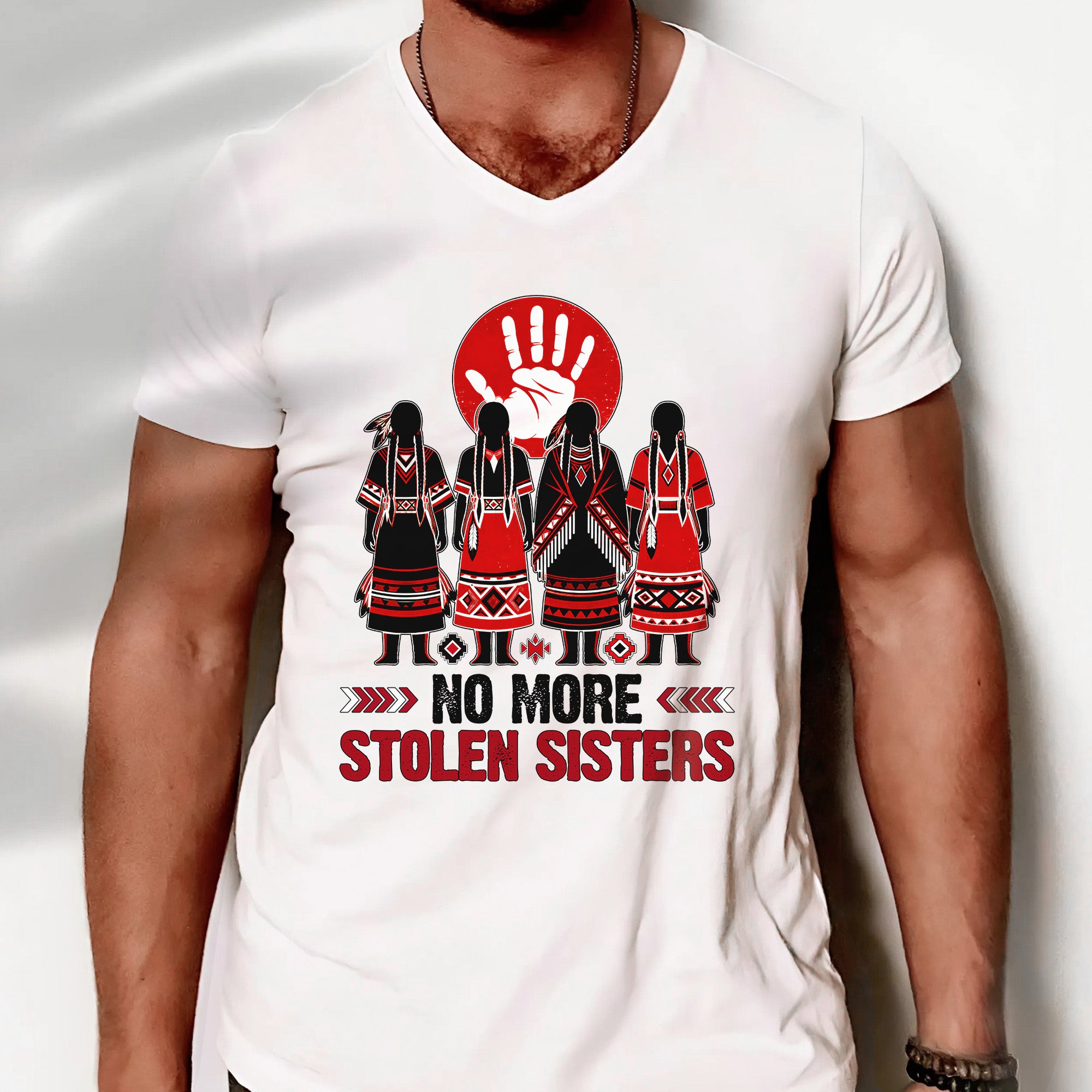 No More Stolen Sisters - Native American Red Hand & Silhouette Design Unisex T-shirt/T-shirt V-Neck/Hoodie/Sweatshirt