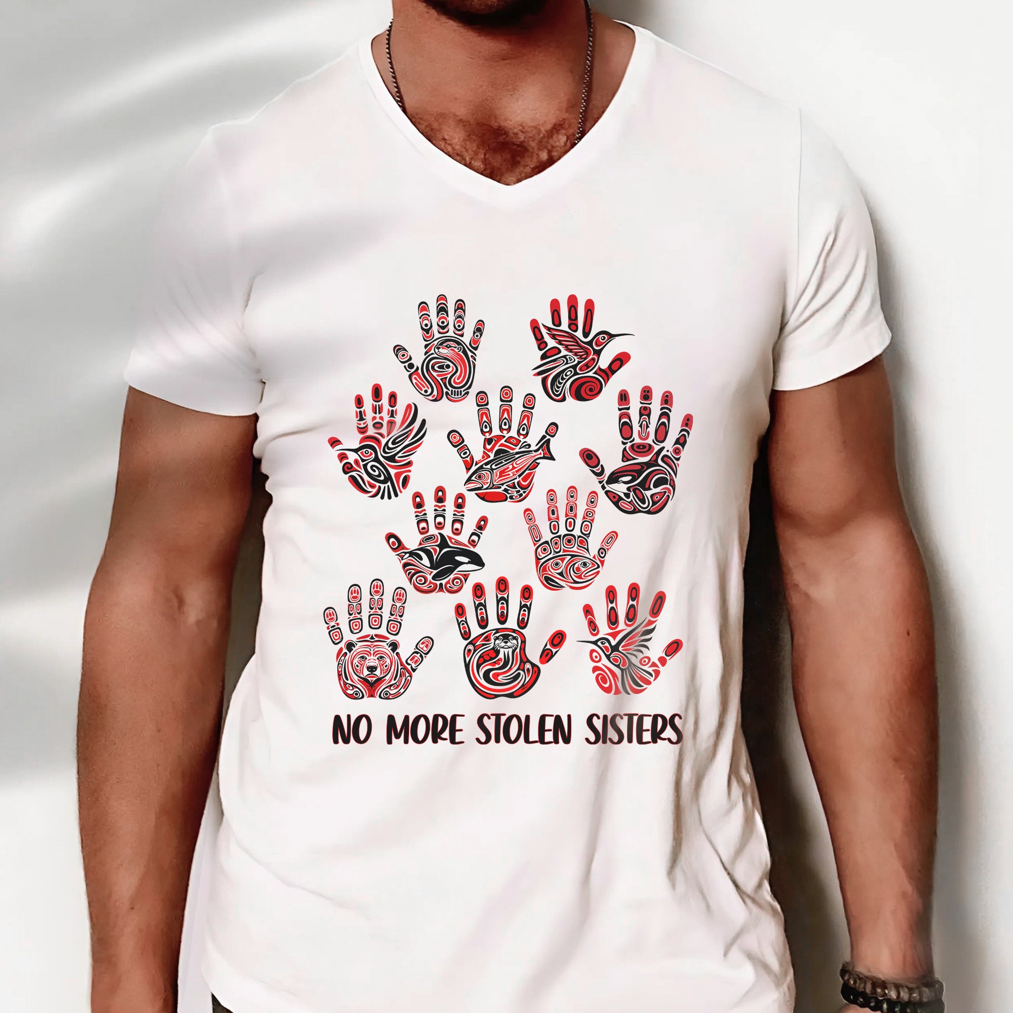 No More Stolen Sisters - MMIW Awareness with Tribal Hand and Animal Design Unisex T-shirt/T-shirt V-Neck/Hoodie/Sweatshirt