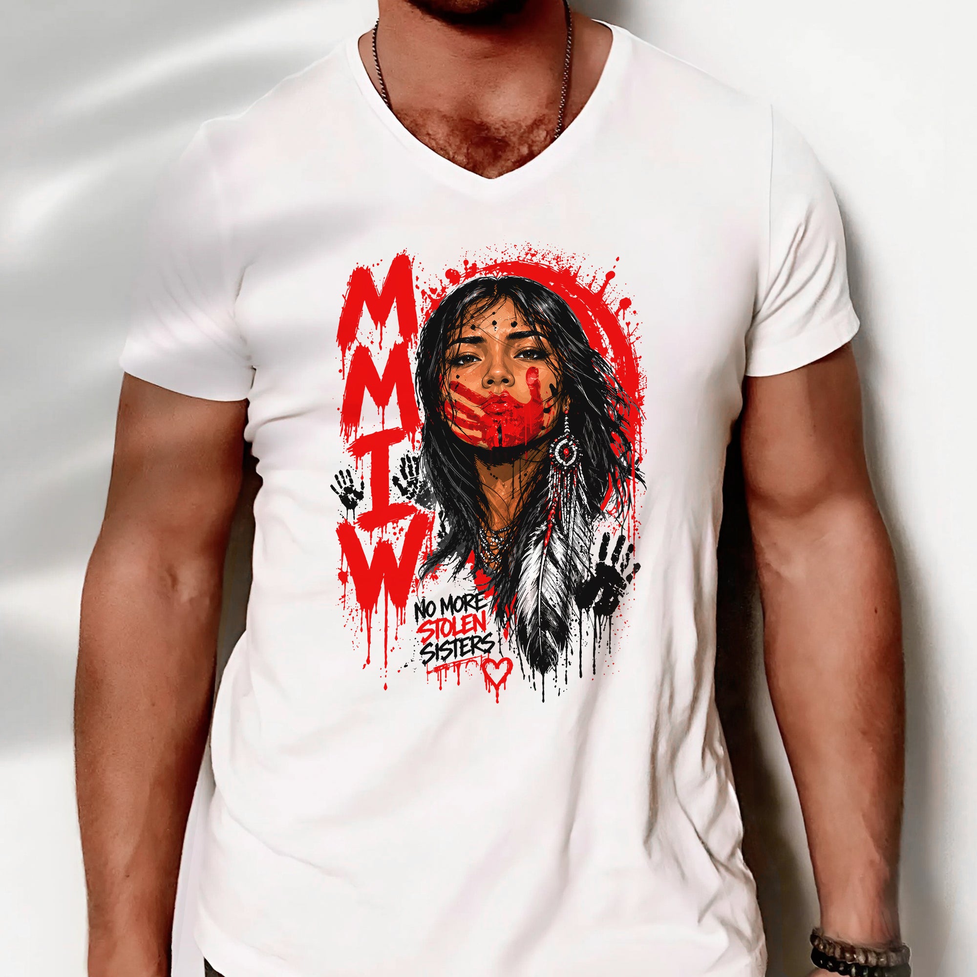 Voice of the Silent - MMIW Native Woman Portrait with Red Handprint Unisex T-shirt/T-shirt V-Neck/Hoodie/Sweatshirt