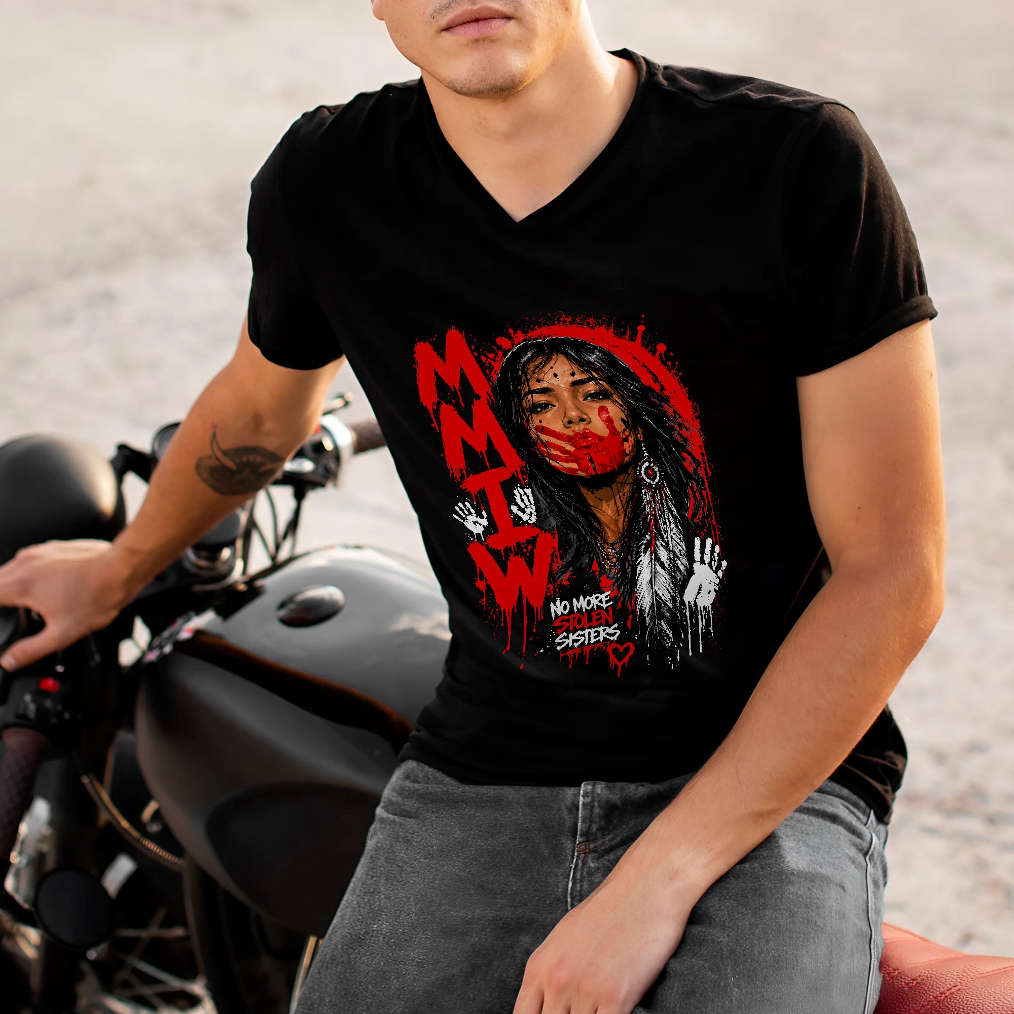 Voice of the Silent - MMIW Native Woman Portrait with Red Handprint Unisex T-shirt/T-shirt V-Neck/Hoodie/Sweatshirt