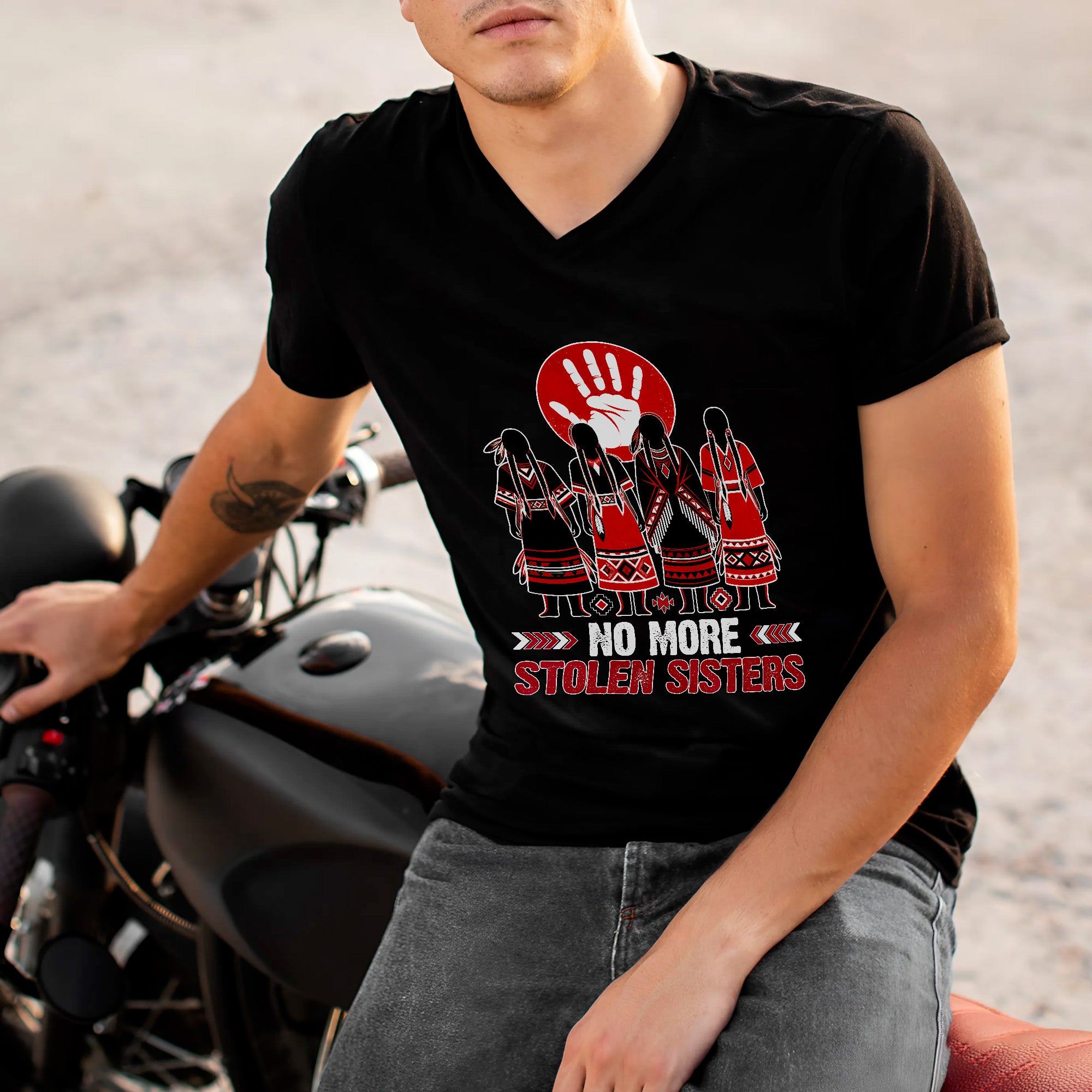 No More Stolen Sisters - Native American Red Hand & Silhouette Design Unisex T-shirt/T-shirt V-Neck/Hoodie/Sweatshirt