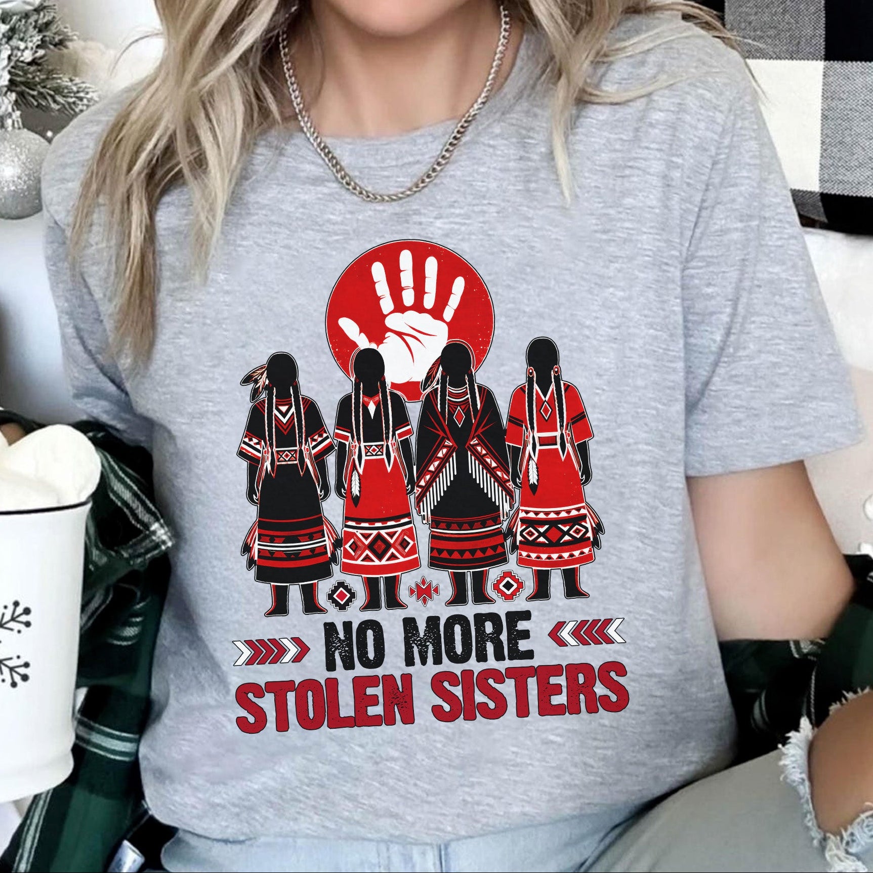 No More Stolen Sisters - Native American Red Hand & Silhouette Design Unisex T-shirt/T-shirt V-Neck/Hoodie/Sweatshirt
