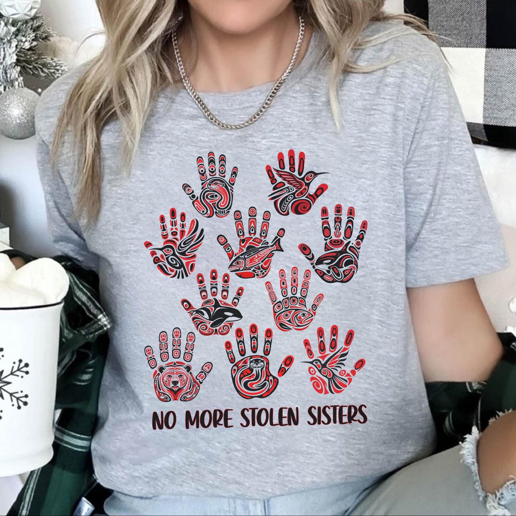 No More Stolen Sisters - MMIW Awareness with Tribal Hand and Animal Design Unisex T-shirt/T-shirt V-Neck/Hoodie/Sweatshirt