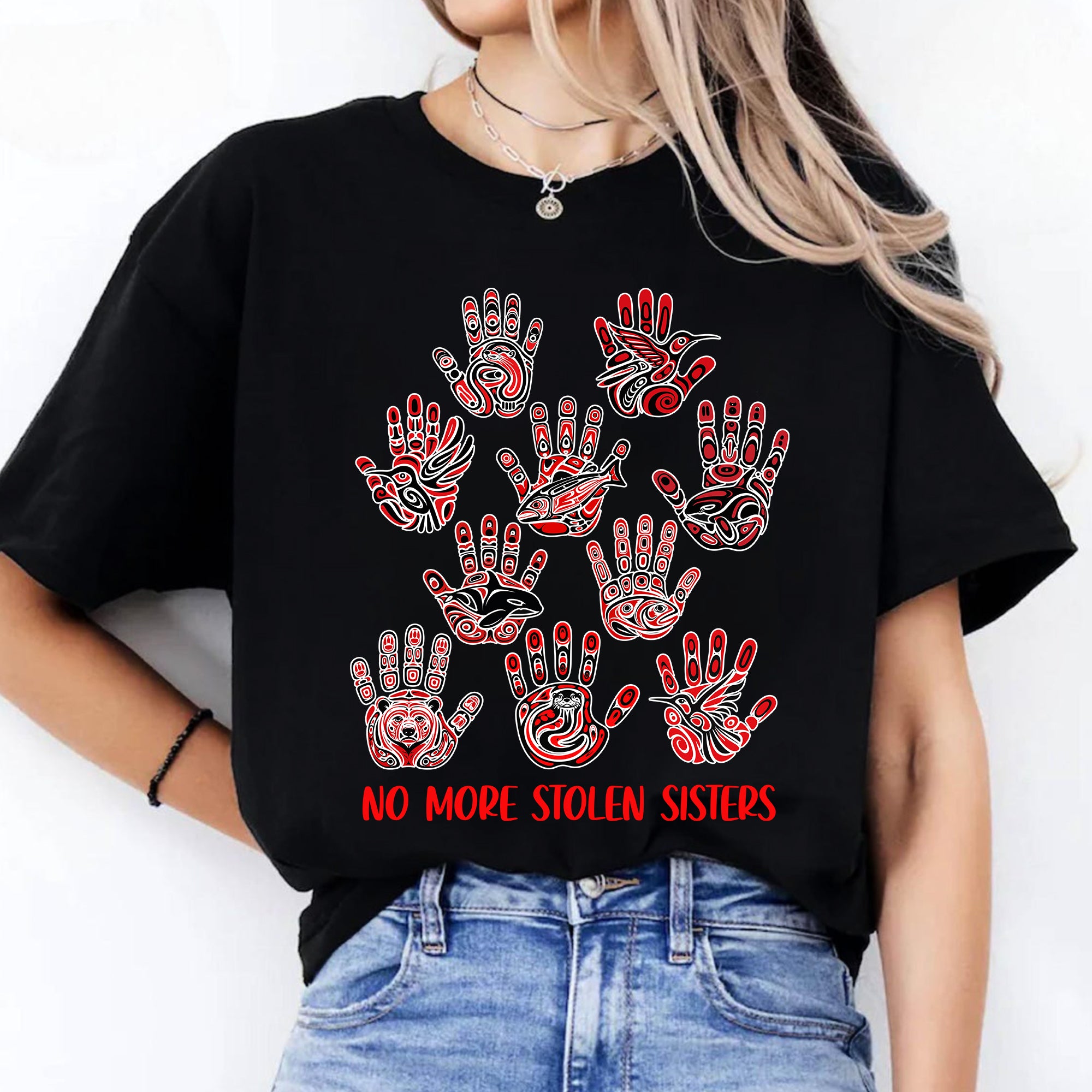 No More Stolen Sisters - MMIW Awareness with Tribal Hand and Animal Design Unisex T-shirt/T-shirt V-Neck/Hoodie/Sweatshirt
