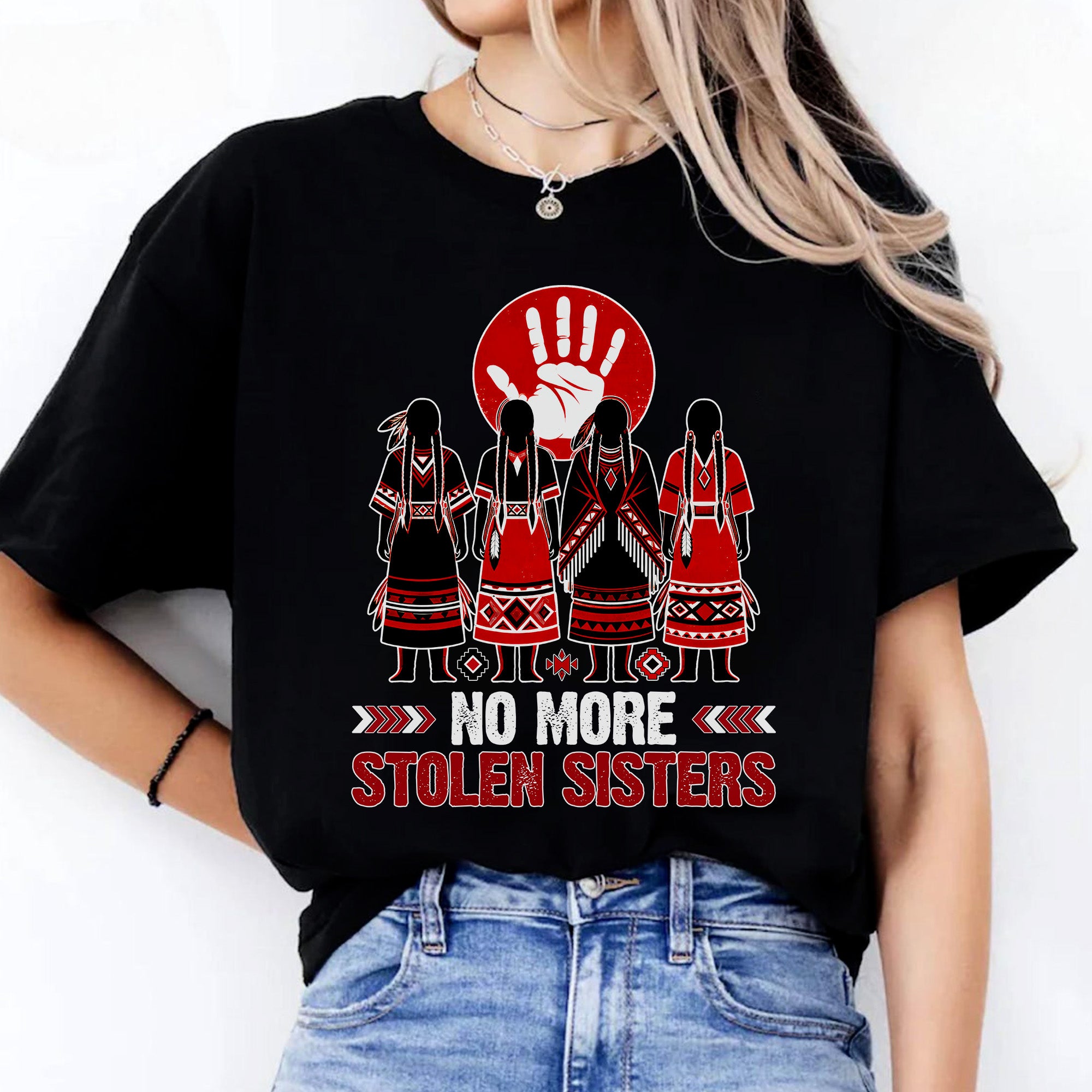 No More Stolen Sisters - Native American Red Hand & Silhouette Design Unisex T-shirt/T-shirt V-Neck/Hoodie/Sweatshirt
