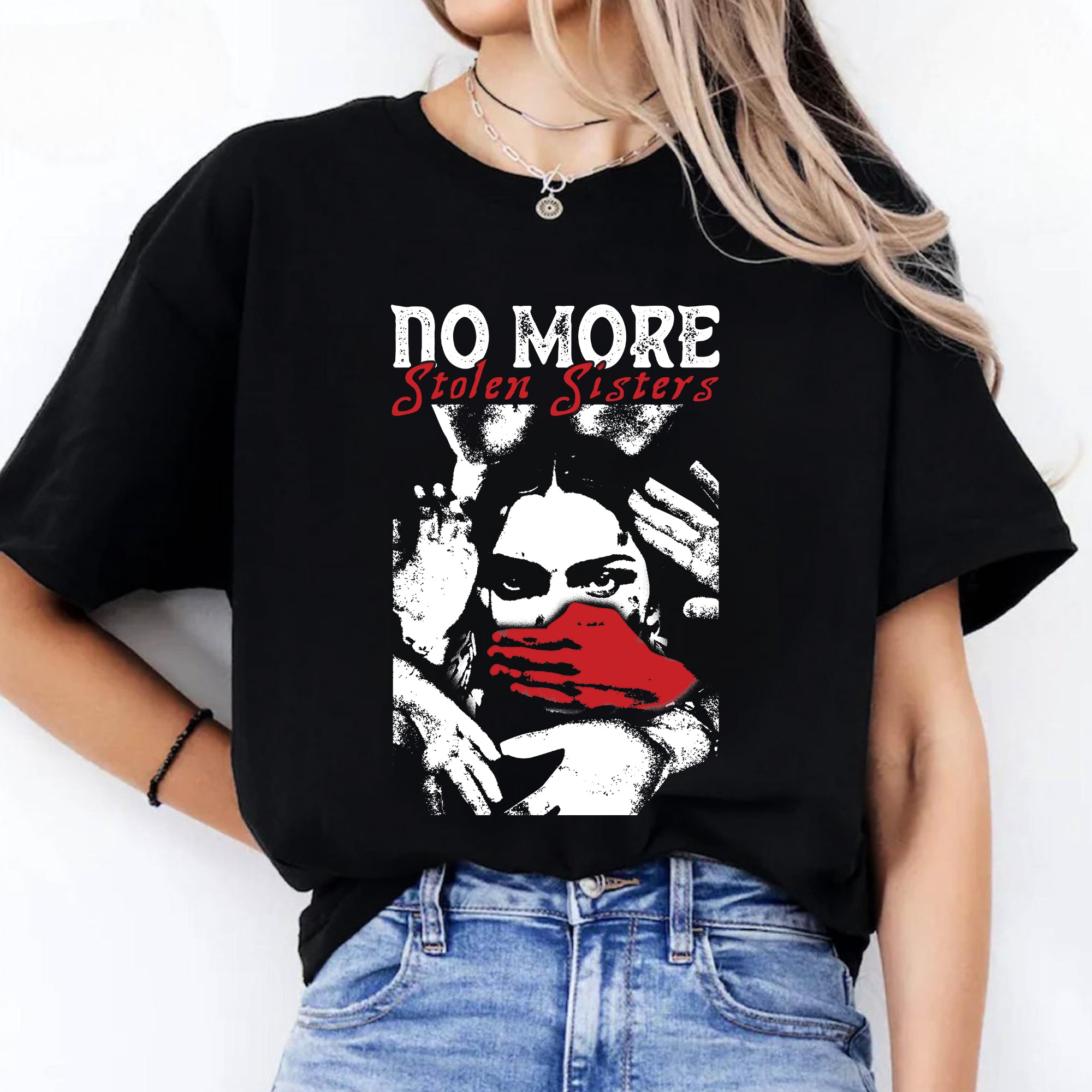 No More Stolen Sisters Red Hand - MMIW Unisex T-Shirt/T-Shirt V-Neck/Hoodie/Sweatshirt One Side