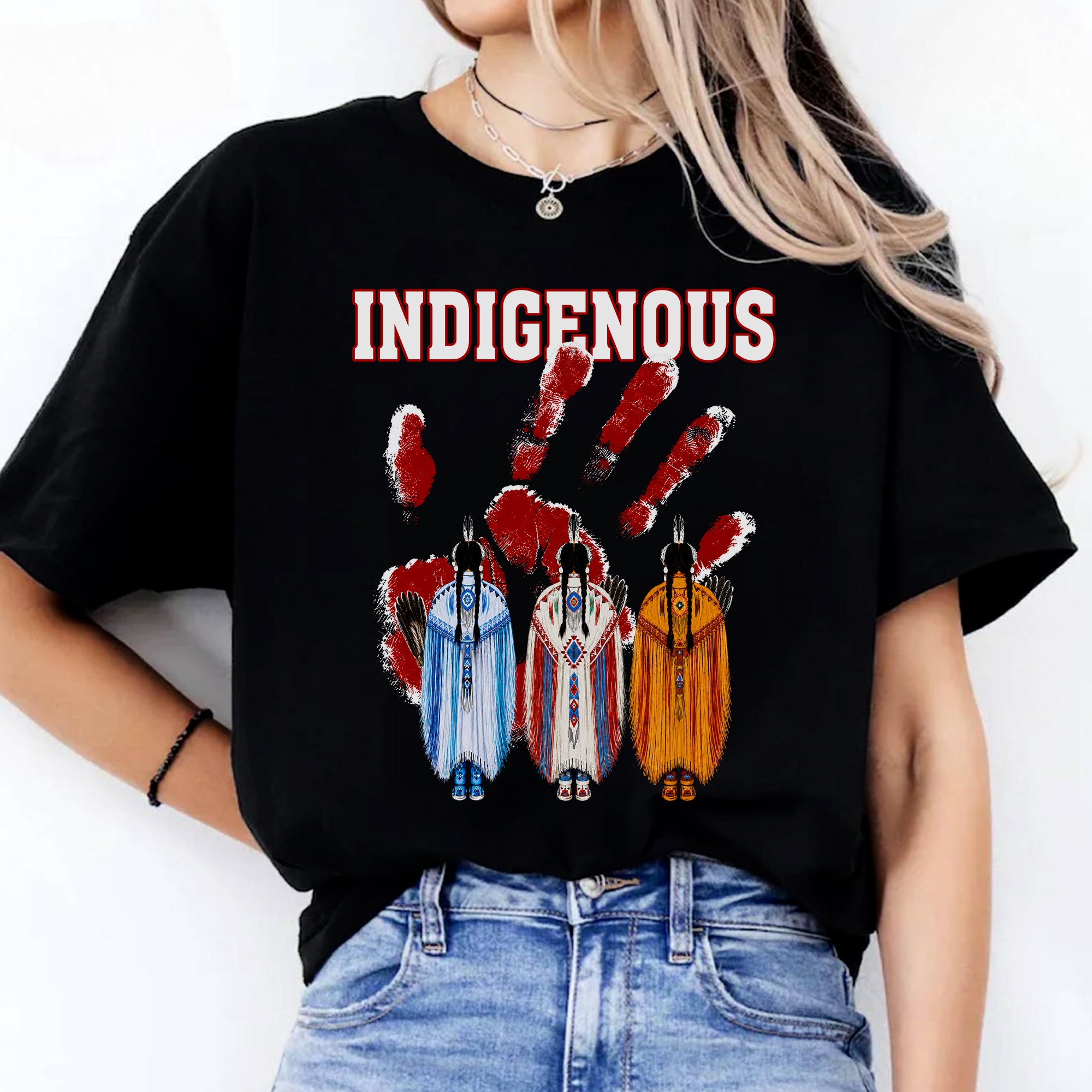Red Handprint Indigenous Women - MMIW Awareness Three Sisters Unisex T-shirt/T-shirt V-Neck/Hoodie/Sweatshirt