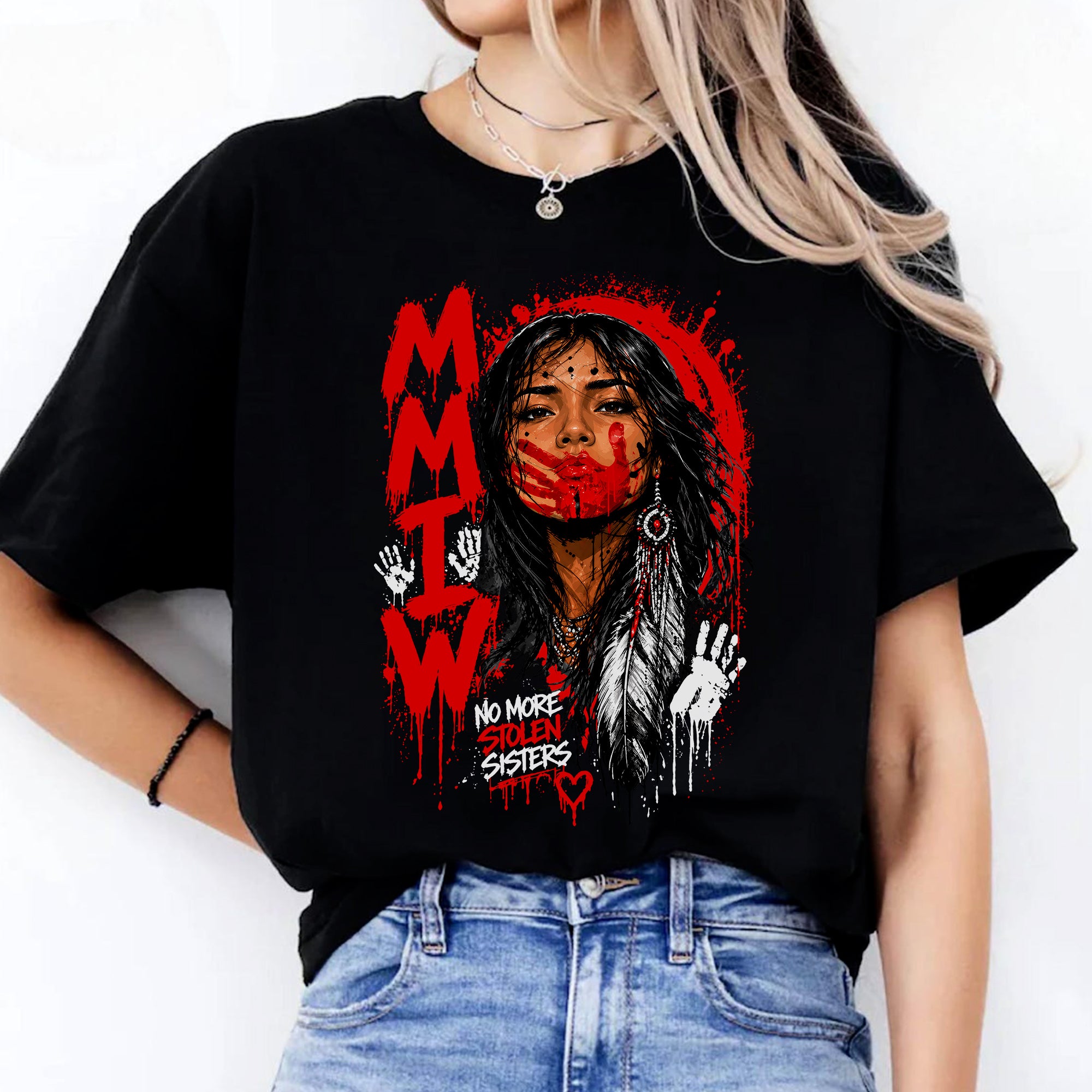 Voice of the Silent - MMIW Native Woman Portrait with Red Handprint Unisex T-shirt/T-shirt V-Neck/Hoodie/Sweatshirt