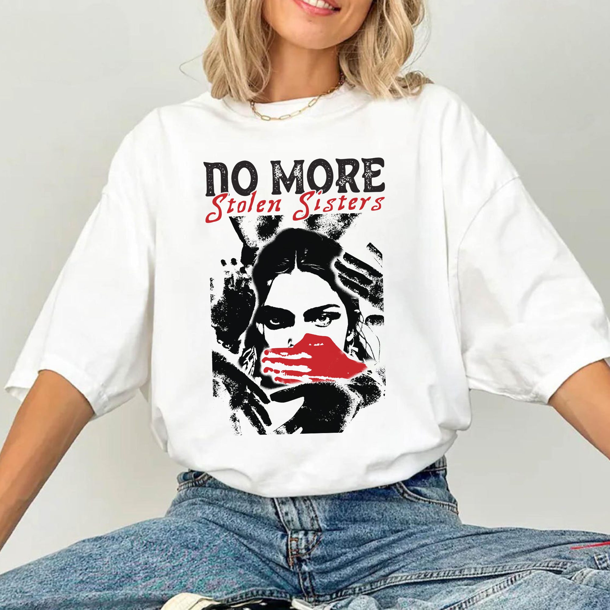 No More Stolen Sisters Red Hand - MMIW Unisex T-Shirt/T-Shirt V-Neck/Hoodie/Sweatshirt One Side