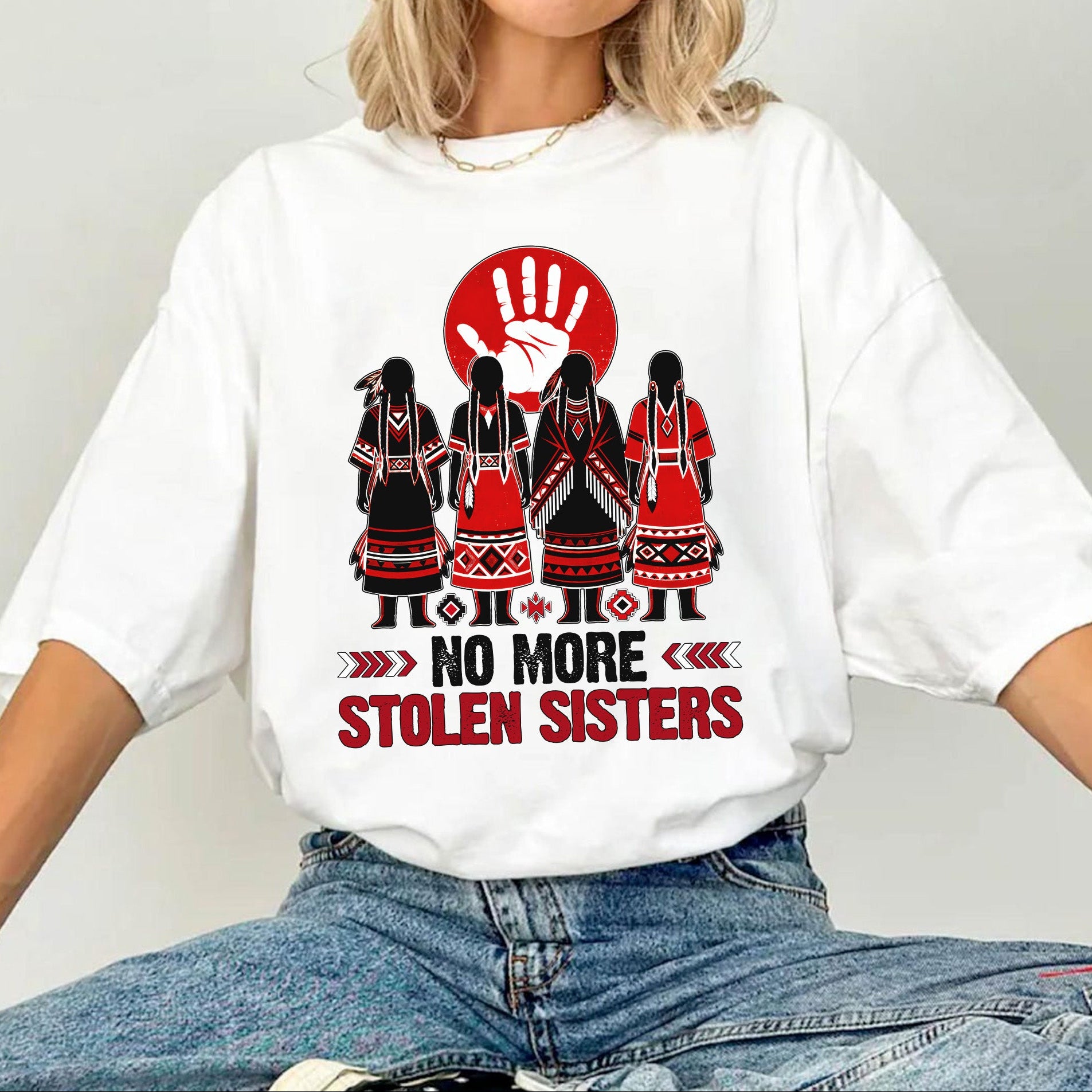 No More Stolen Sisters - Native American Red Hand & Silhouette Design Unisex T-shirt/T-shirt V-Neck/Hoodie/Sweatshirt