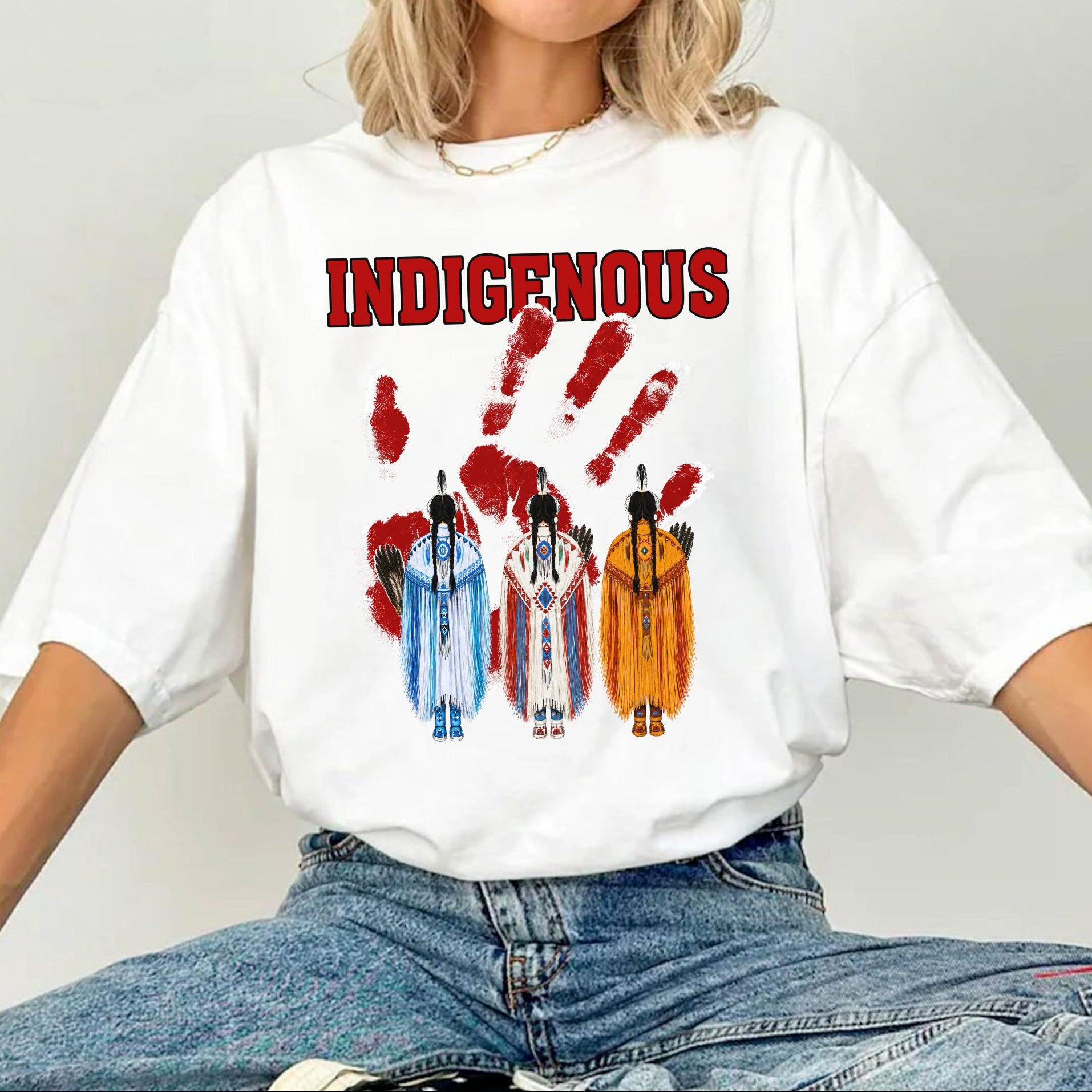 Red Handprint Indigenous Women - MMIW Awareness Three Sisters Unisex T-shirt/T-shirt V-Neck/Hoodie/Sweatshirt