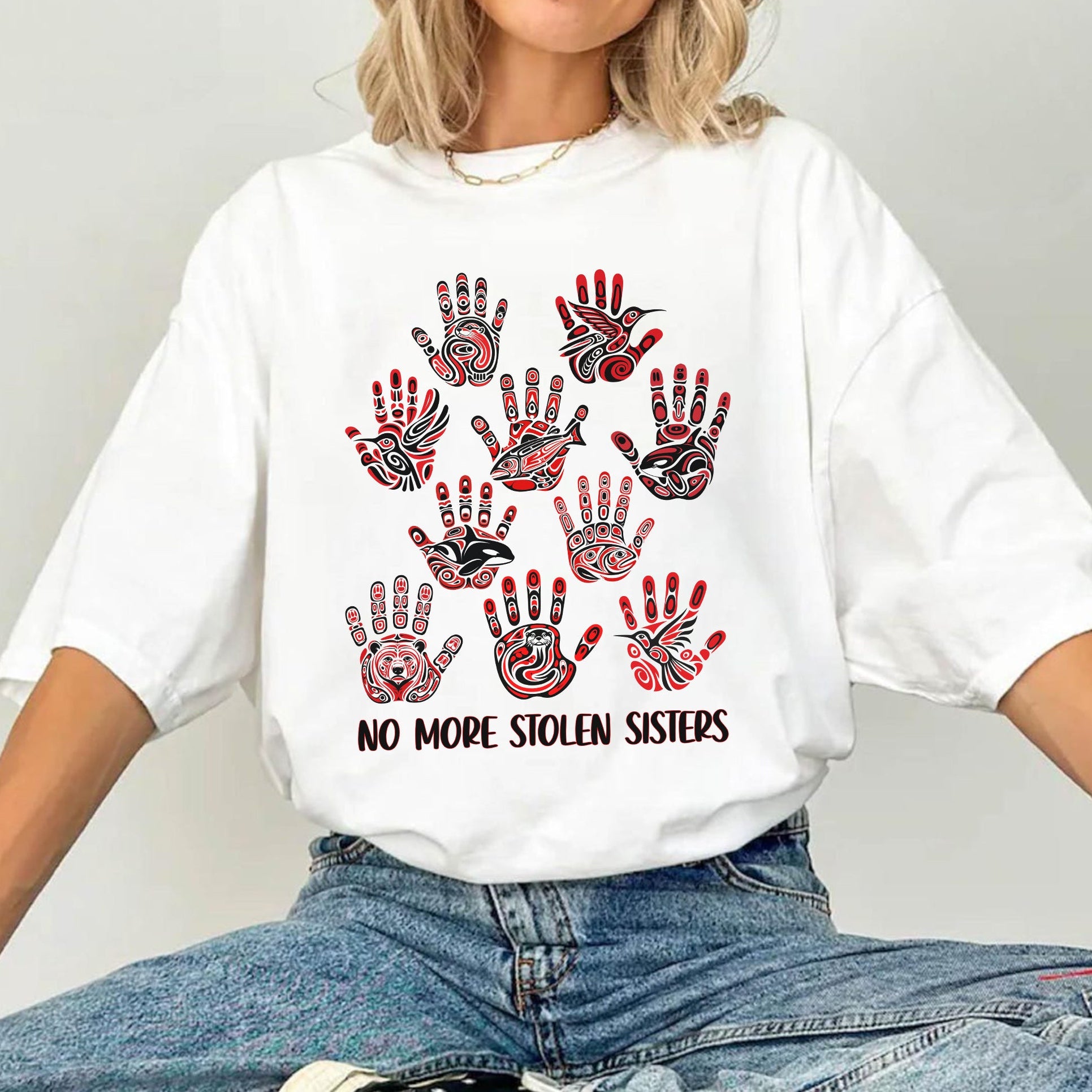 No More Stolen Sisters - MMIW Awareness with Tribal Hand and Animal Design Unisex T-shirt/T-shirt V-Neck/Hoodie/Sweatshirt