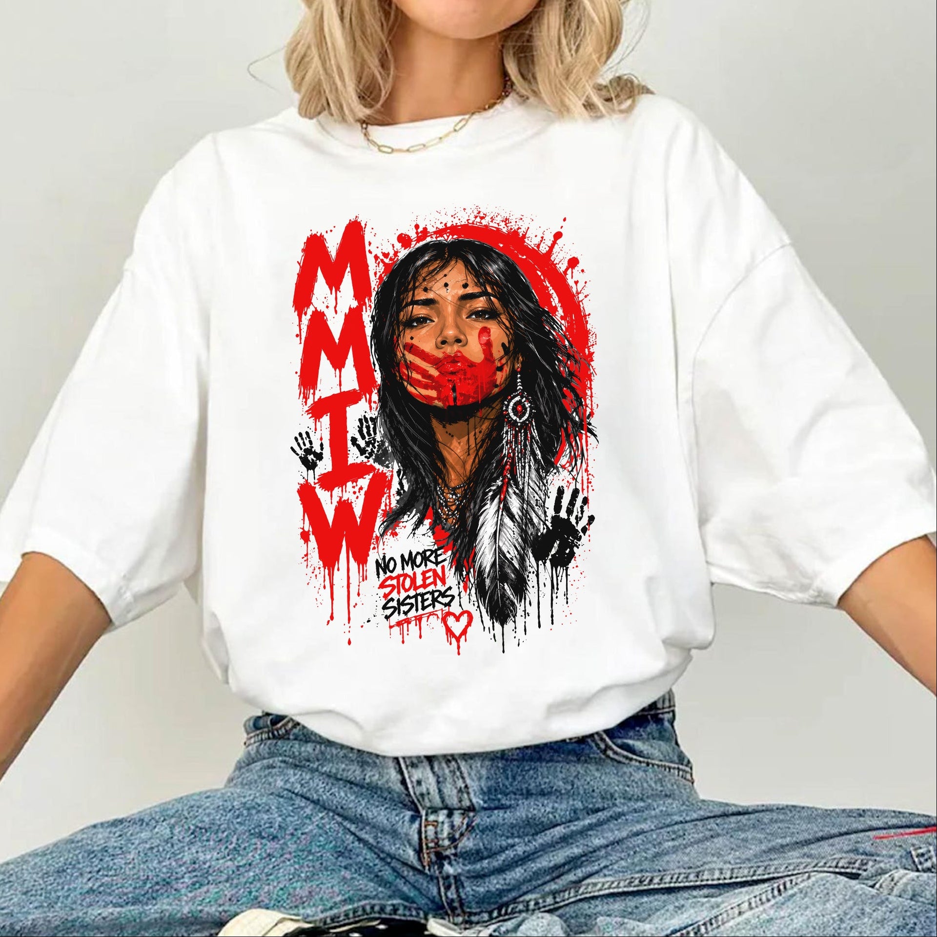 Voice of the Silent - MMIW Native Woman Portrait with Red Handprint Unisex T-shirt/T-shirt V-Neck/Hoodie/Sweatshirt