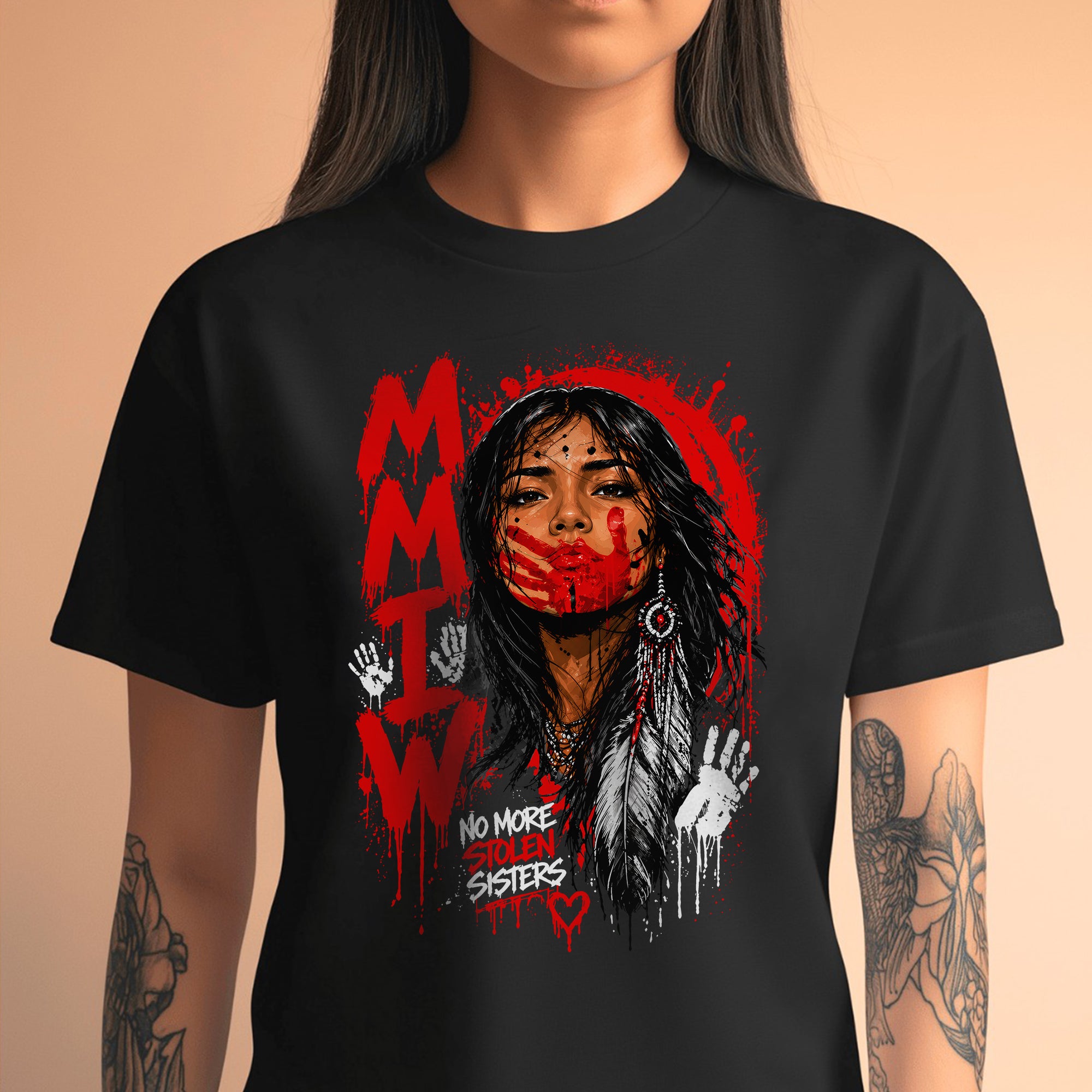 Voice of the Silent - MMIW Native Woman Portrait with Red Handprint Unisex T-shirt/T-shirt V-Neck/Hoodie/Sweatshirt