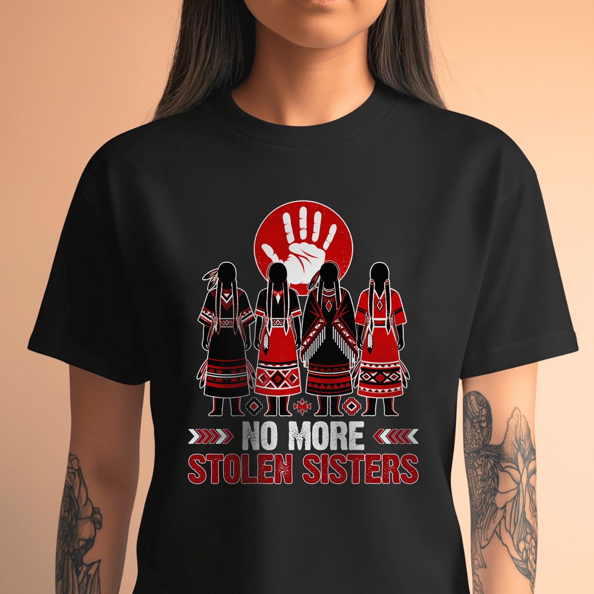 No More Stolen Sisters - Native American Red Hand & Silhouette Design Unisex T-shirt/T-shirt V-Neck/Hoodie/Sweatshirt
