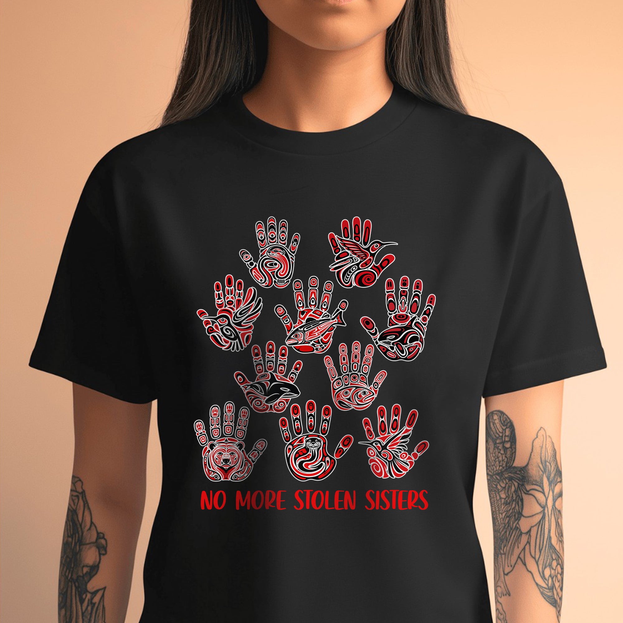 No More Stolen Sisters - MMIW Awareness with Tribal Hand and Animal Design Unisex T-shirt/T-shirt V-Neck/Hoodie/Sweatshirt