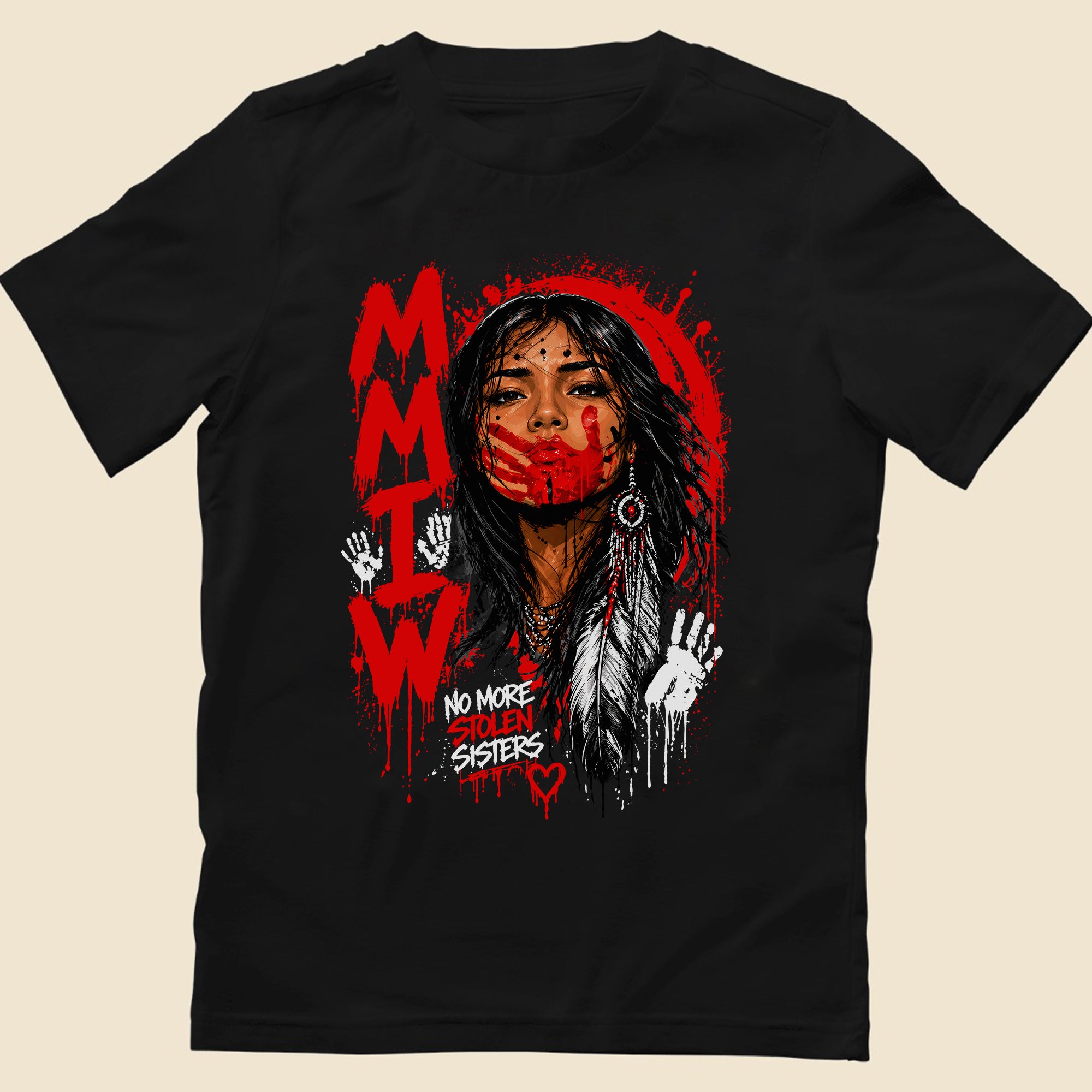 Voice of the Silent - MMIW Native Woman Portrait with Red Handprint Unisex T-shirt/T-shirt V-Neck/Hoodie/Sweatshirt