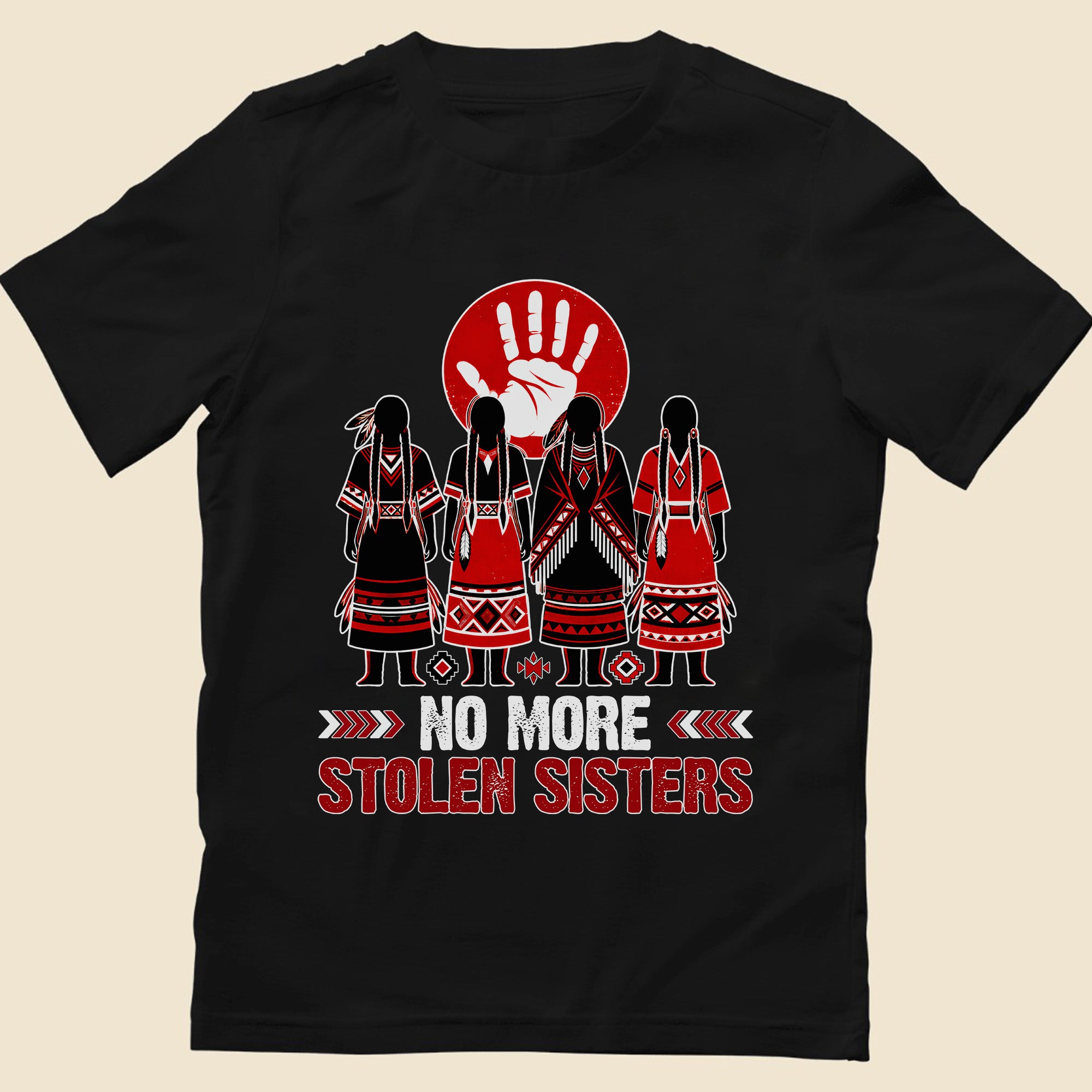 No More Stolen Sisters - Native American Red Hand & Silhouette Design Unisex T-shirt/T-shirt V-Neck/Hoodie/Sweatshirt
