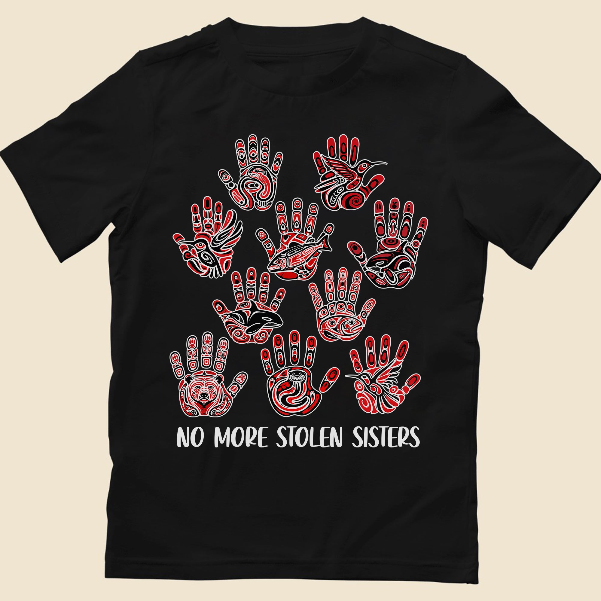 No More Stolen Sisters - MMIW Awareness with Tribal Hand and Animal Design Unisex T-shirt/T-shirt V-Neck/Hoodie/Sweatshirt
