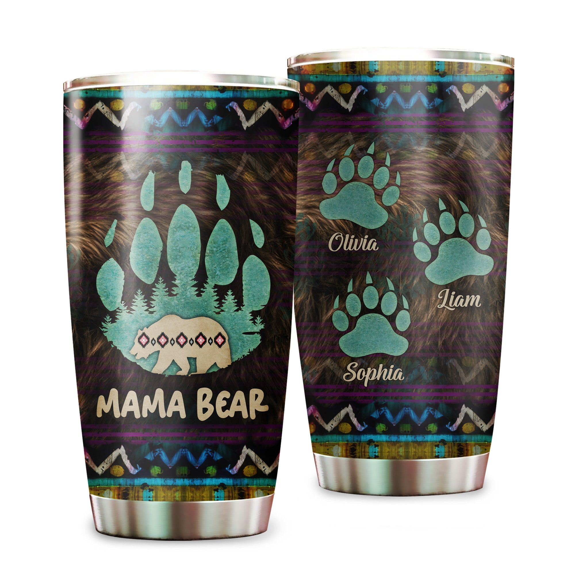Native American Mama Bear Tumbler Stainless Steel Drinking Cup (Custom Name Design)