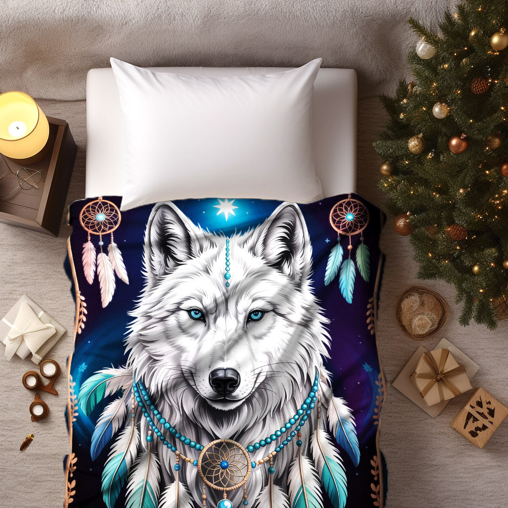 Sacred Wolf Dreamcatcher Blue, White, and Feather Spirit Cozy Fleece Blanket