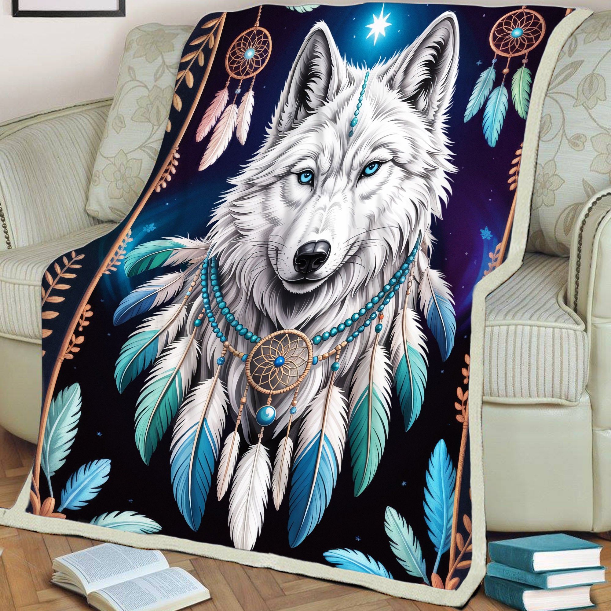 Sacred Wolf Dreamcatcher Blue, White, and Feather Spirit Cozy Fleece Blanket