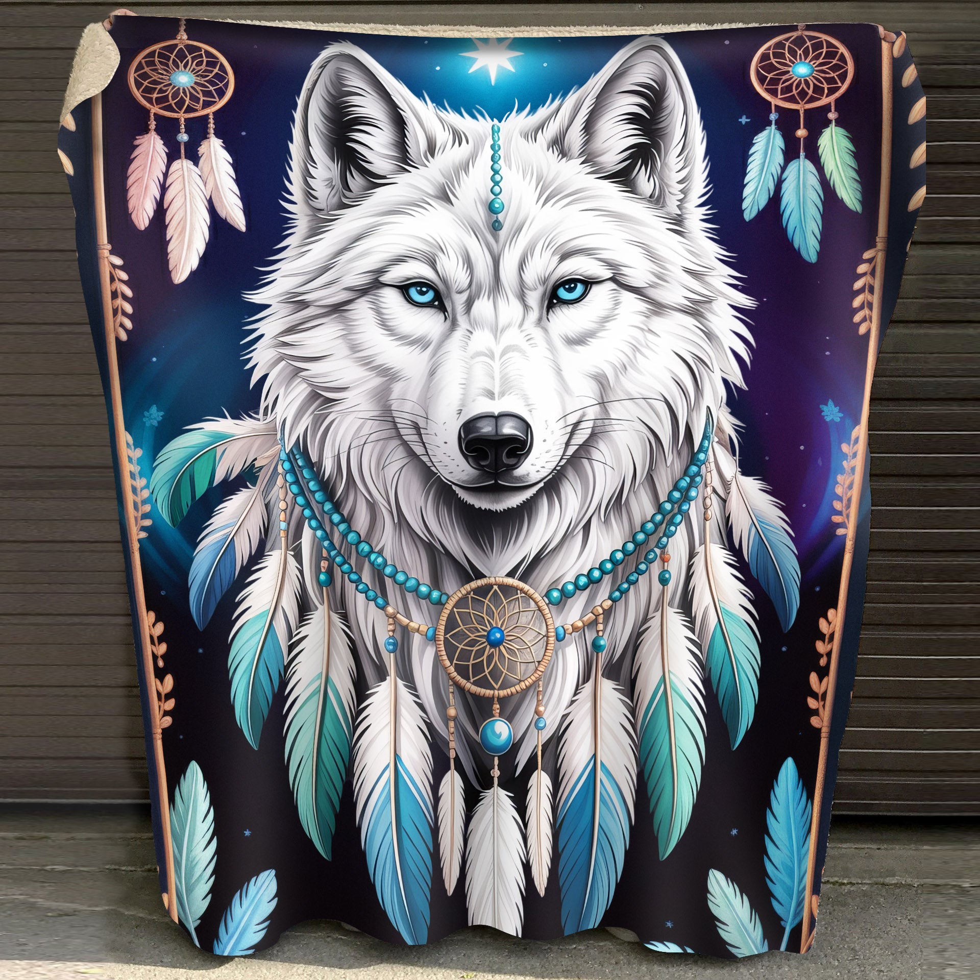 Sacred Wolf Dreamcatcher Blue, White, and Feather Spirit Cozy Fleece Blanket