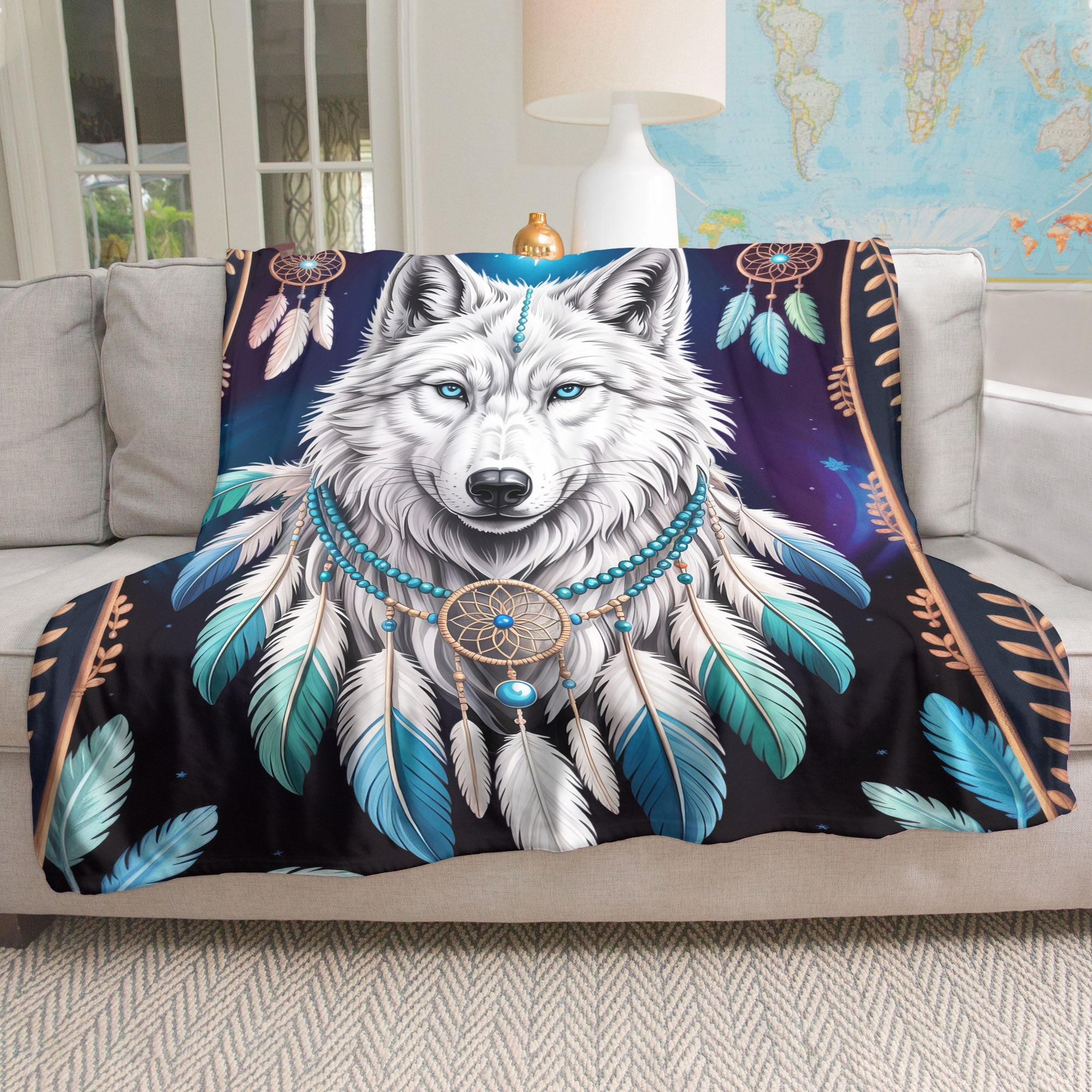 Sacred Wolf Dreamcatcher Blue, White, and Feather Spirit Cozy Fleece Blanket