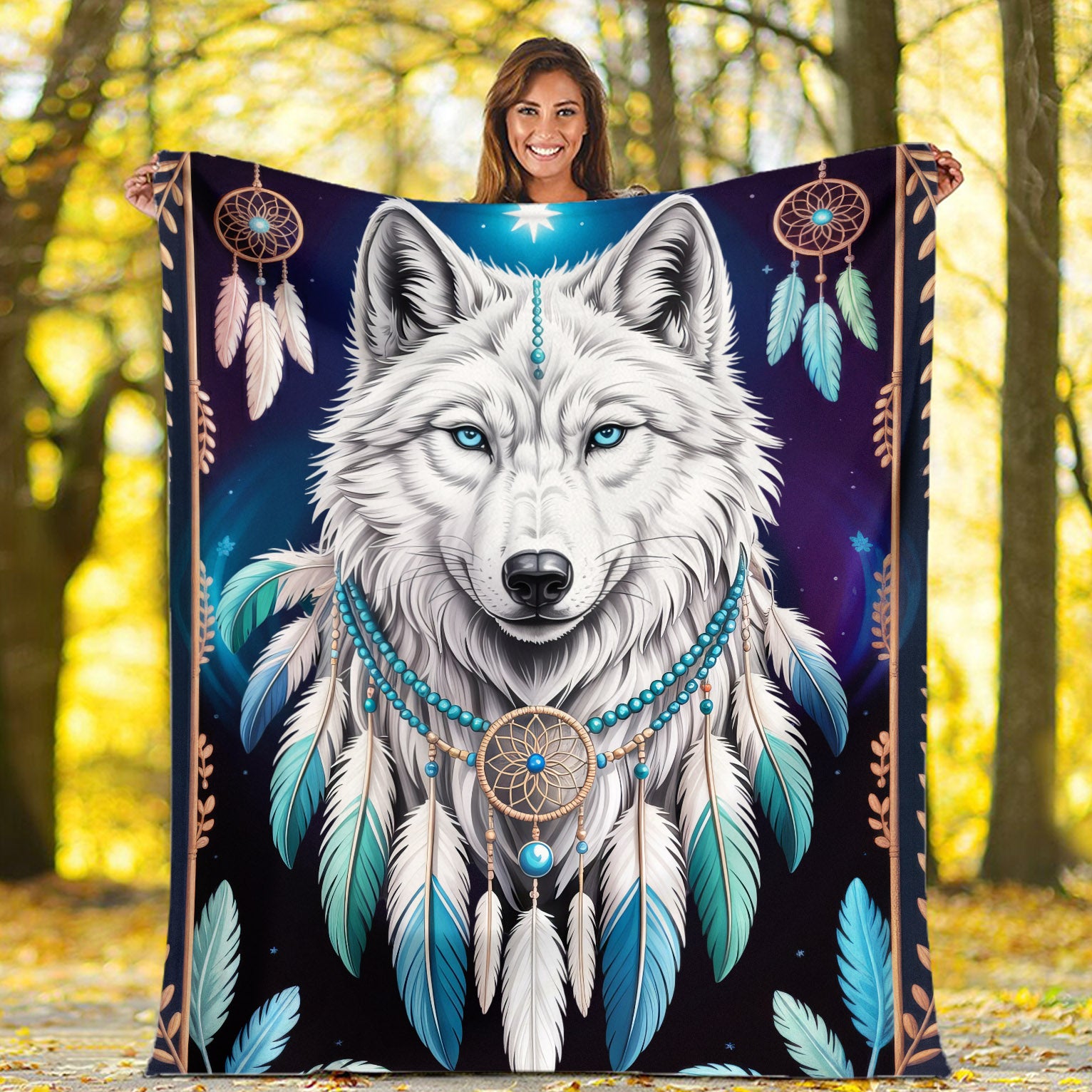 Sacred Wolf Dreamcatcher Blue, White, and Feather Spirit Cozy Fleece Blanket