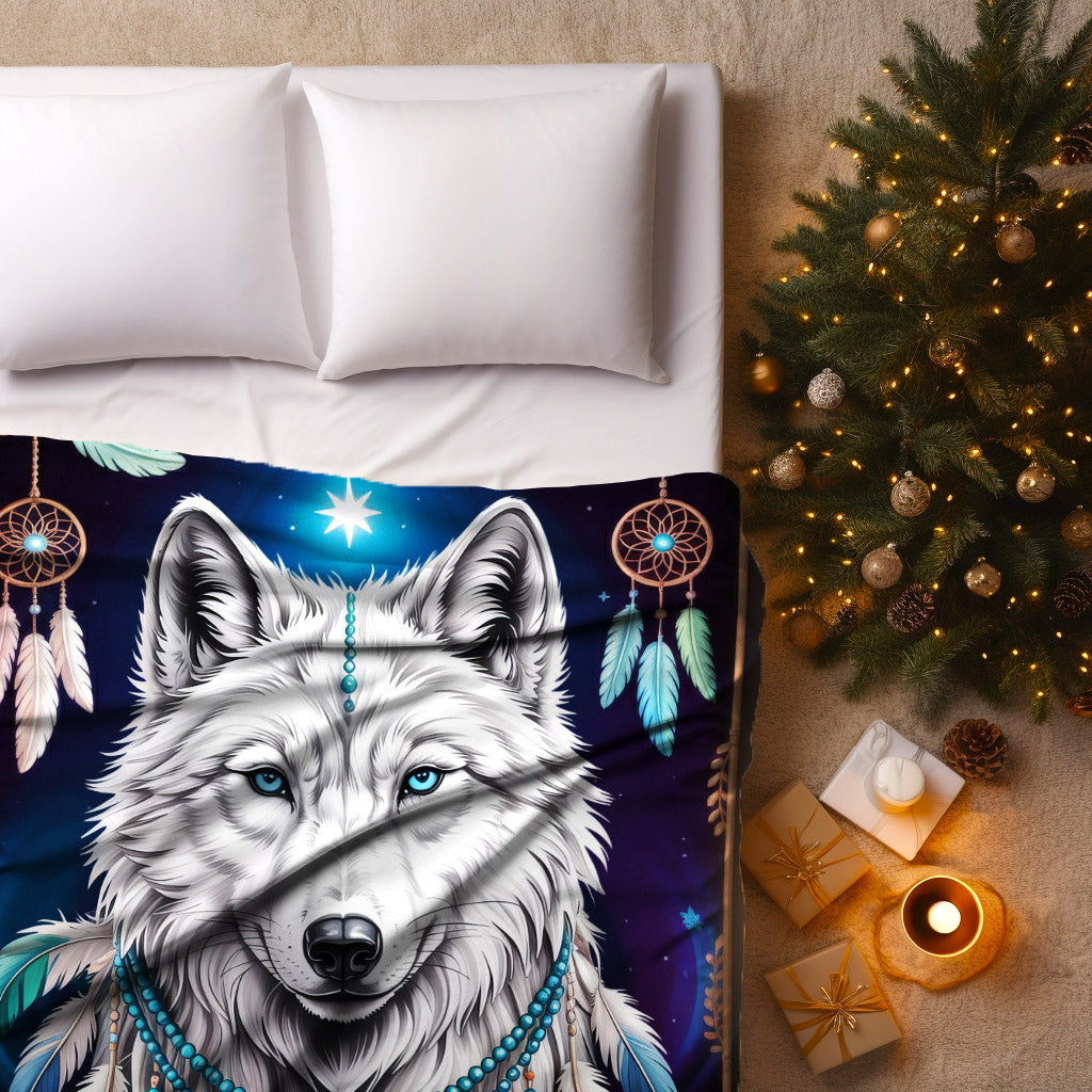 Sacred Wolf Dreamcatcher Blue, White, and Feather Spirit Cozy Fleece Blanket