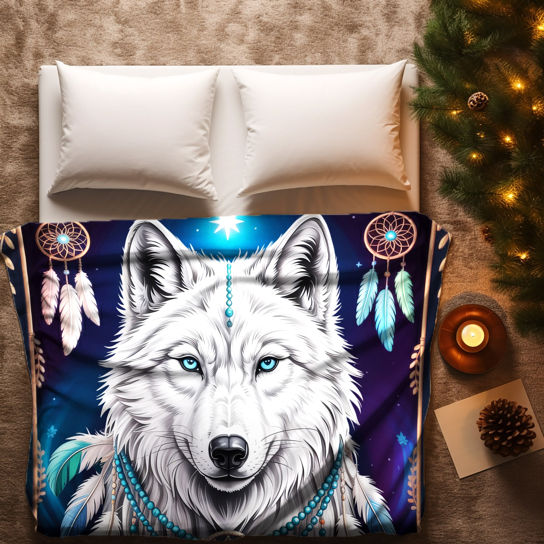 Sacred Wolf Dreamcatcher Blue, White, and Feather Spirit Cozy Fleece Blanket